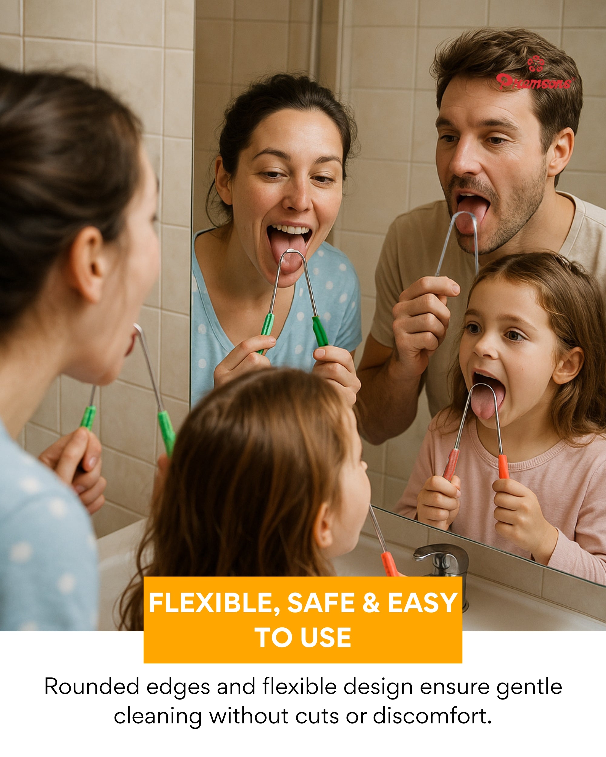 Premsons® Stainless Steel Tongue Cleaner with Soft Ergonomic Grip Handles – Premium Super Polish Oral Hygiene Scraper for Fresh Breath – Flexible, Strong, Rust-Free – Assorted Colour Options – Pack of 2
