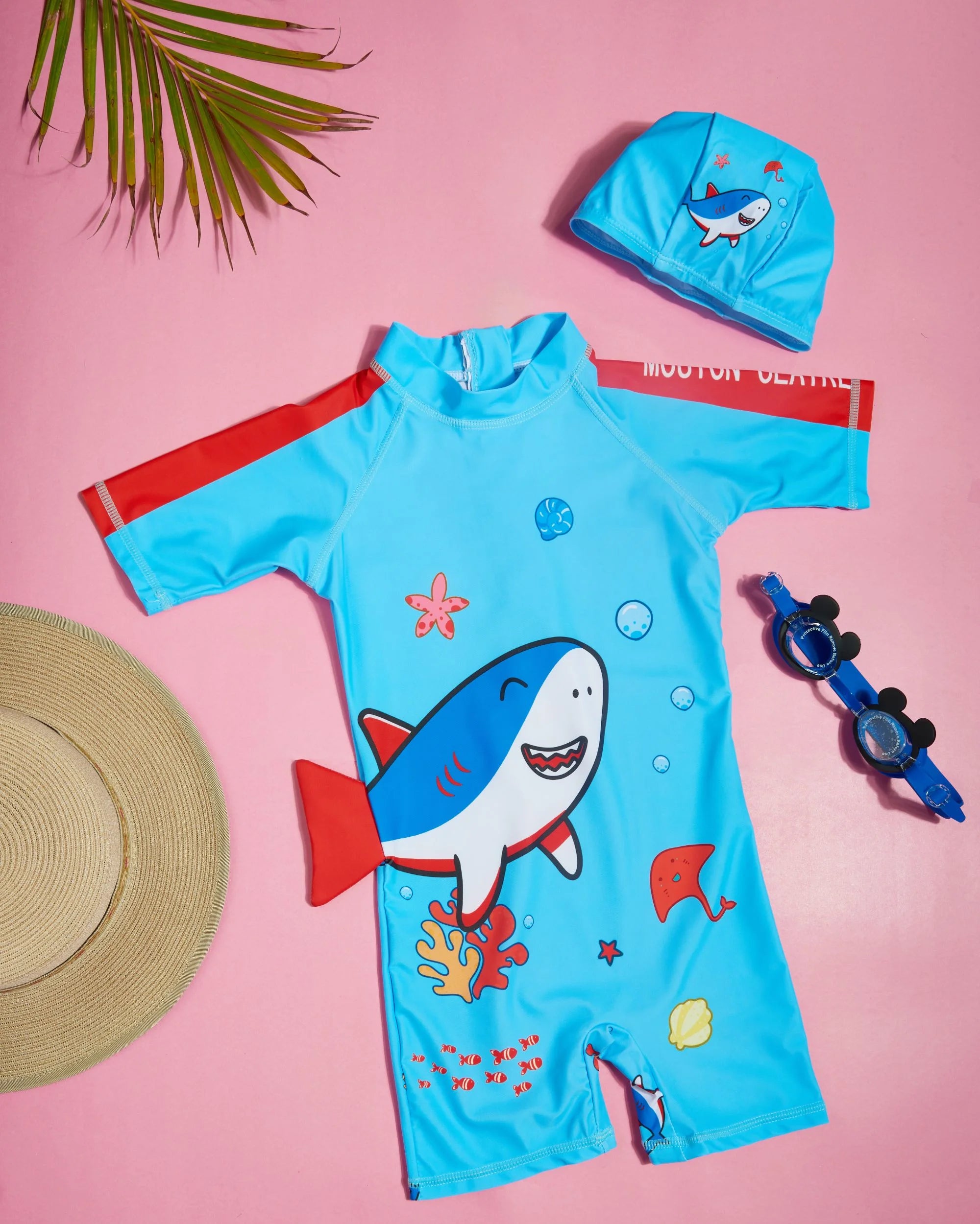 Premsons® Children's One-Piece Swimwear – Half Sleeve & Shorts Length Swimming Costume with Matching Cap - Shark