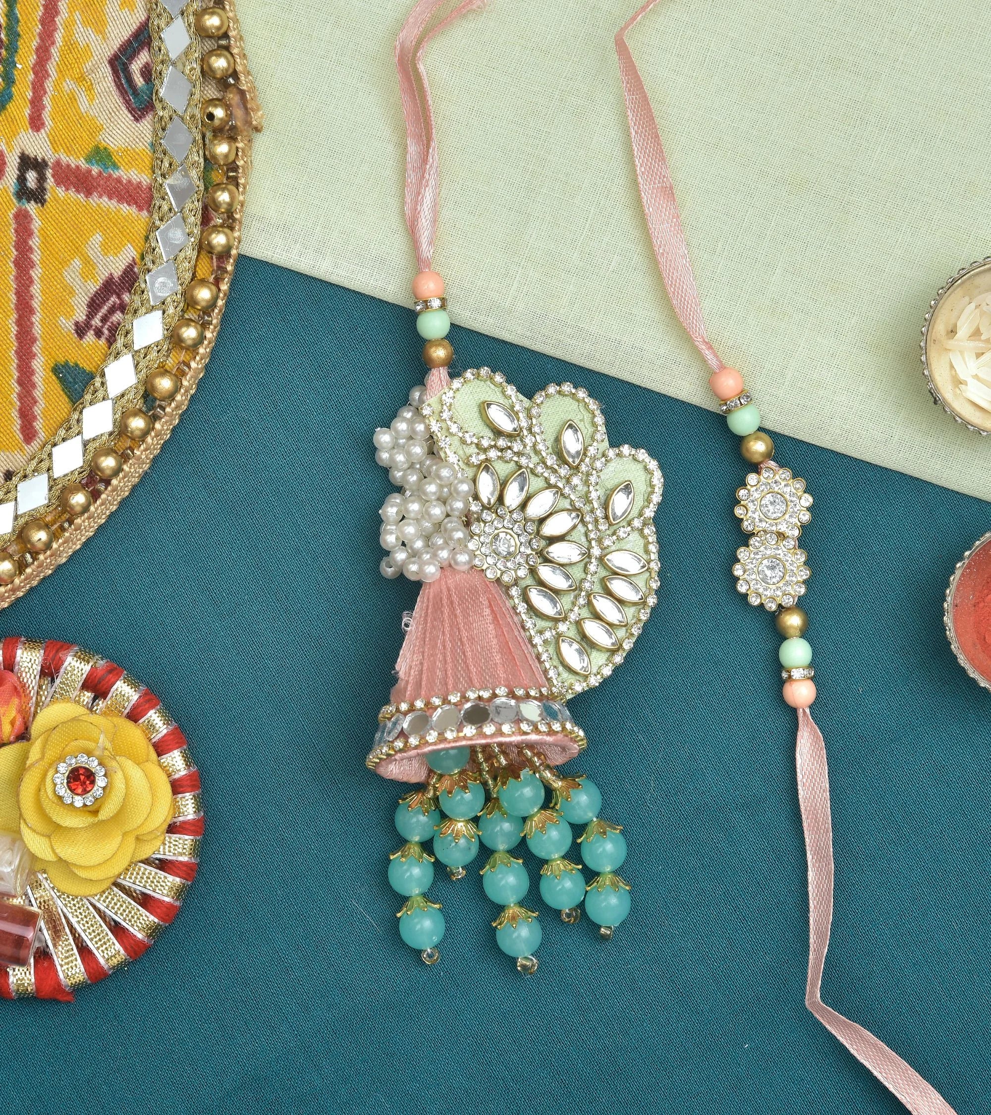 Premsons® Pastel Tassel Rakhi Lumba Combo – Designer Rakhi Set for Couples