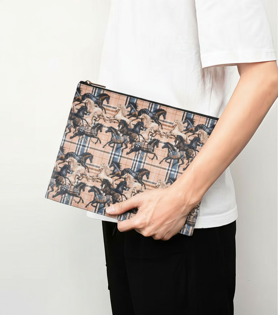 Premsons® Horse Print Beige Leatherette Pouch | Elegant Equestrian Design, Premium Finish, Durable & Lightweight, Zip Closure, Multipurpose Storage