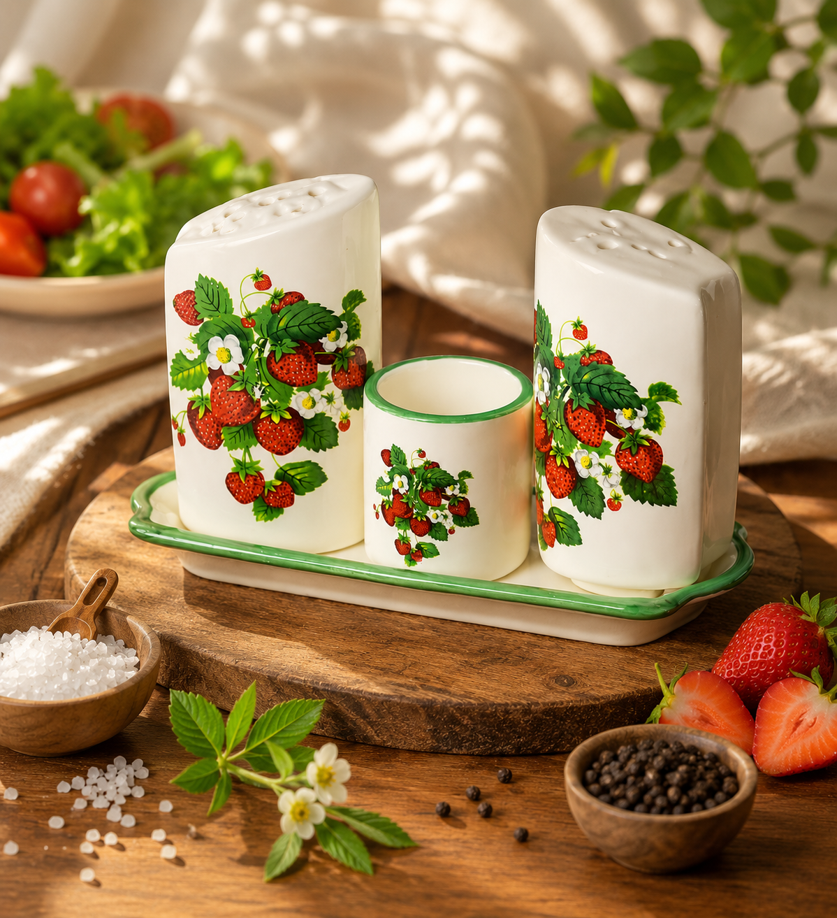 Premsons® Ceramic Salt and Pepper Shaker/Dispenser Set with Toothpick Holder – Elegant Tabletop Spice Set for Dining Table & Kitchen Décor