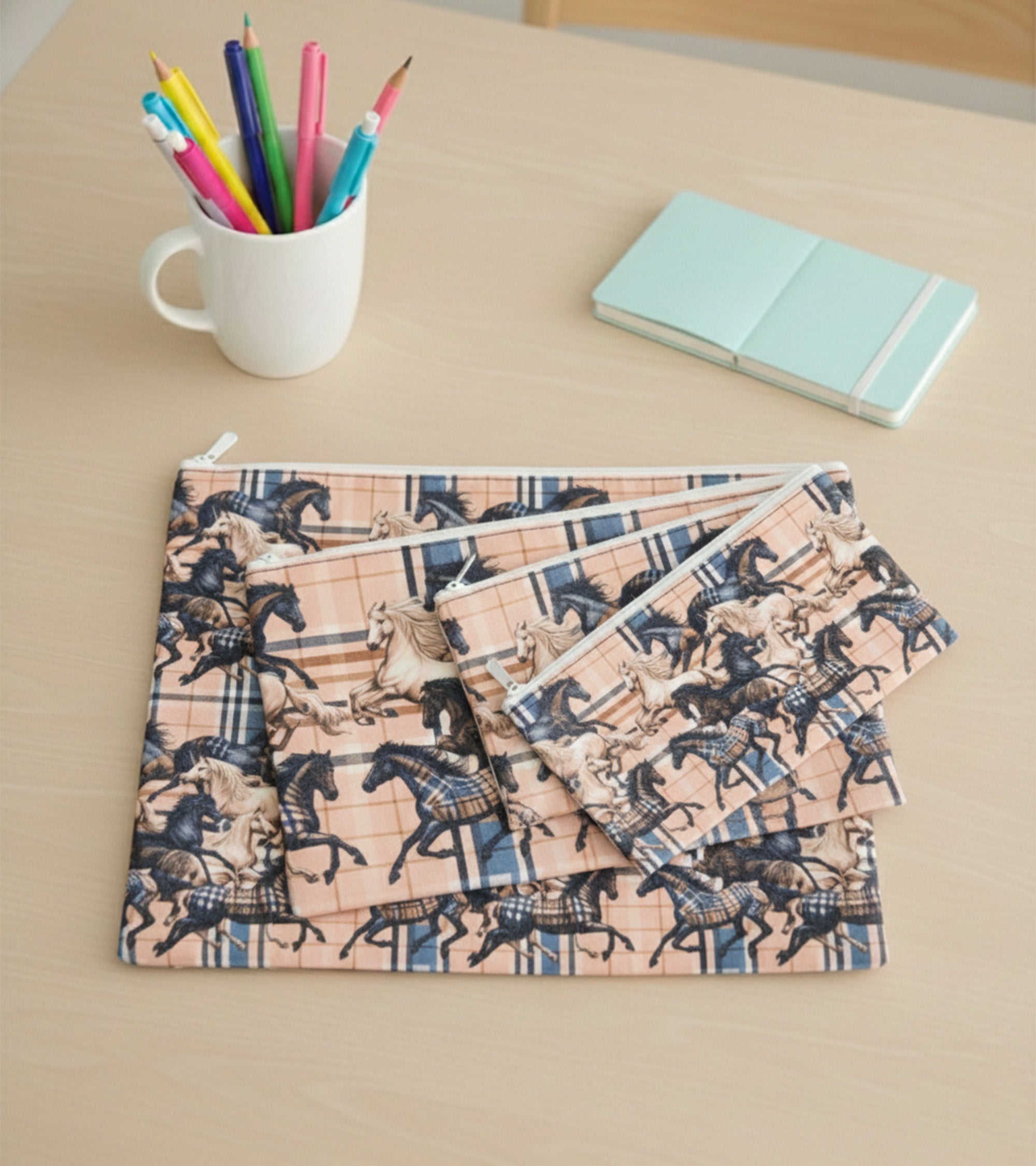 Premsons® Horse Print Beige Leatherette Pouch Set of 4 (1XL, 1L, 1M, 1S) | Elegant Equestrian Design, Premium Finish, Durable & Lightweight, Zip Closure, Multipurpose Storage