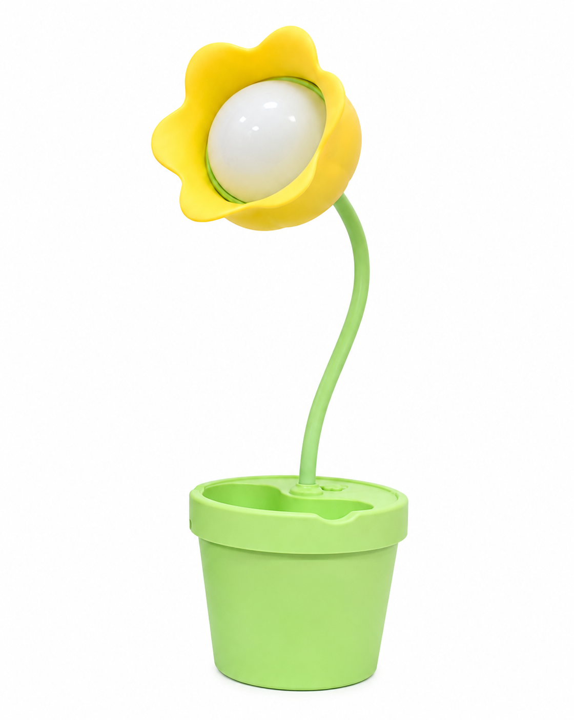Yellow flower LED desk lamp with white bulb and green stem on a green planter base