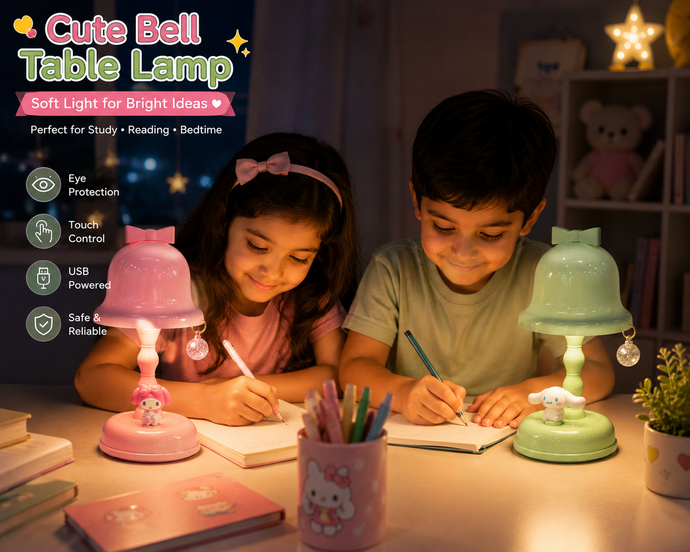 Cute bell table lamp, pink and green, bow night light with glowing base