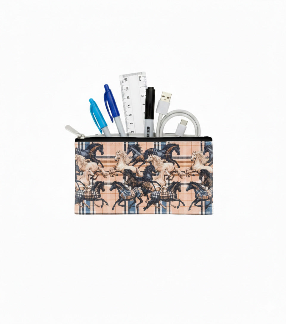 Premsons® Horse Print Beige Leatherette Pouch Set of 4 (1XL, 1L, 1M, 1S) | Elegant Equestrian Design, Premium Finish, Durable & Lightweight, Zip Closure, Multipurpose Storage