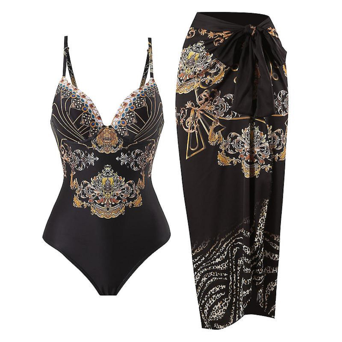 One-piece swimsuit with matching black draped cover-up, gold-and-color baroque print