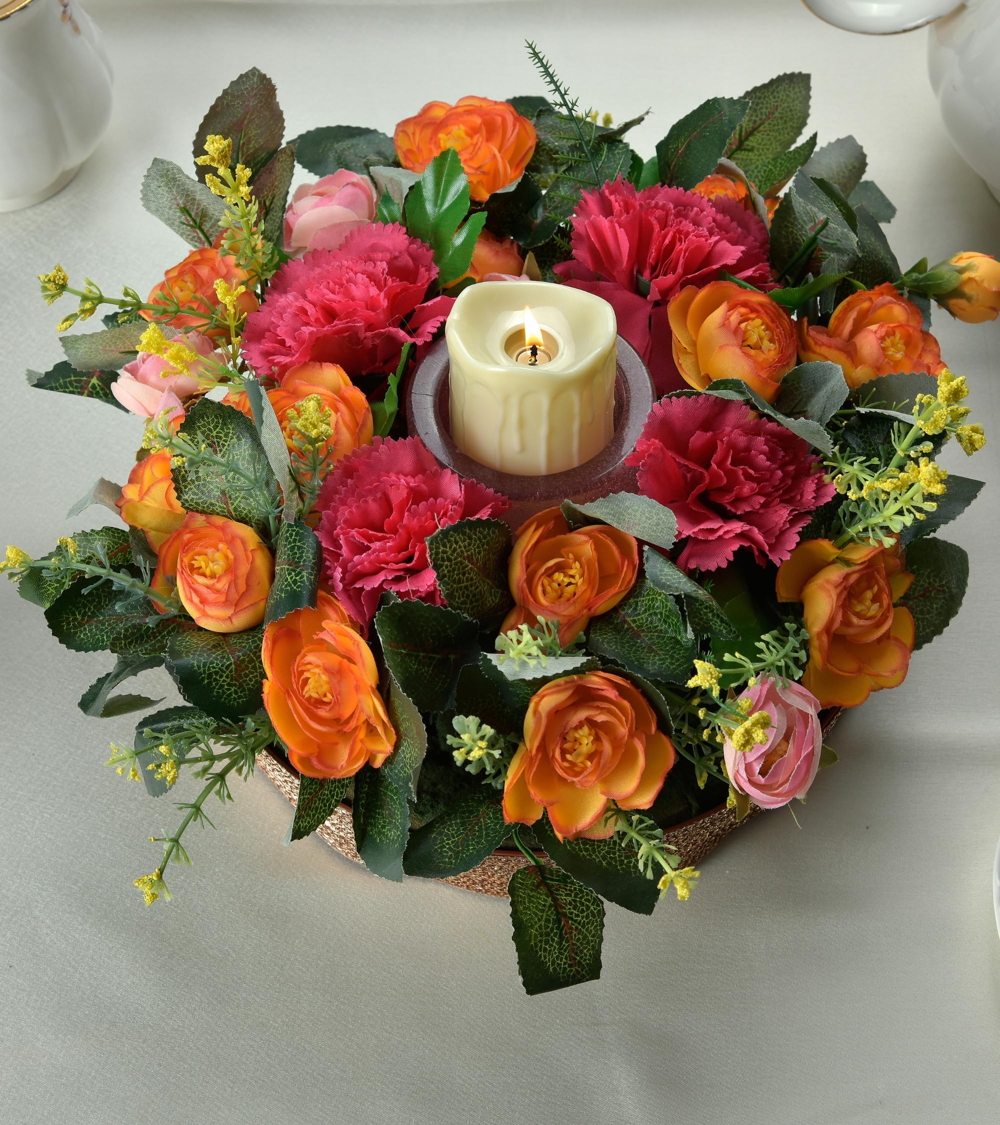 Premsons® Votive Candle Holder Flower Centrepiece - Elegant Pink & Orange Design for Home, Dining, and Event Décor