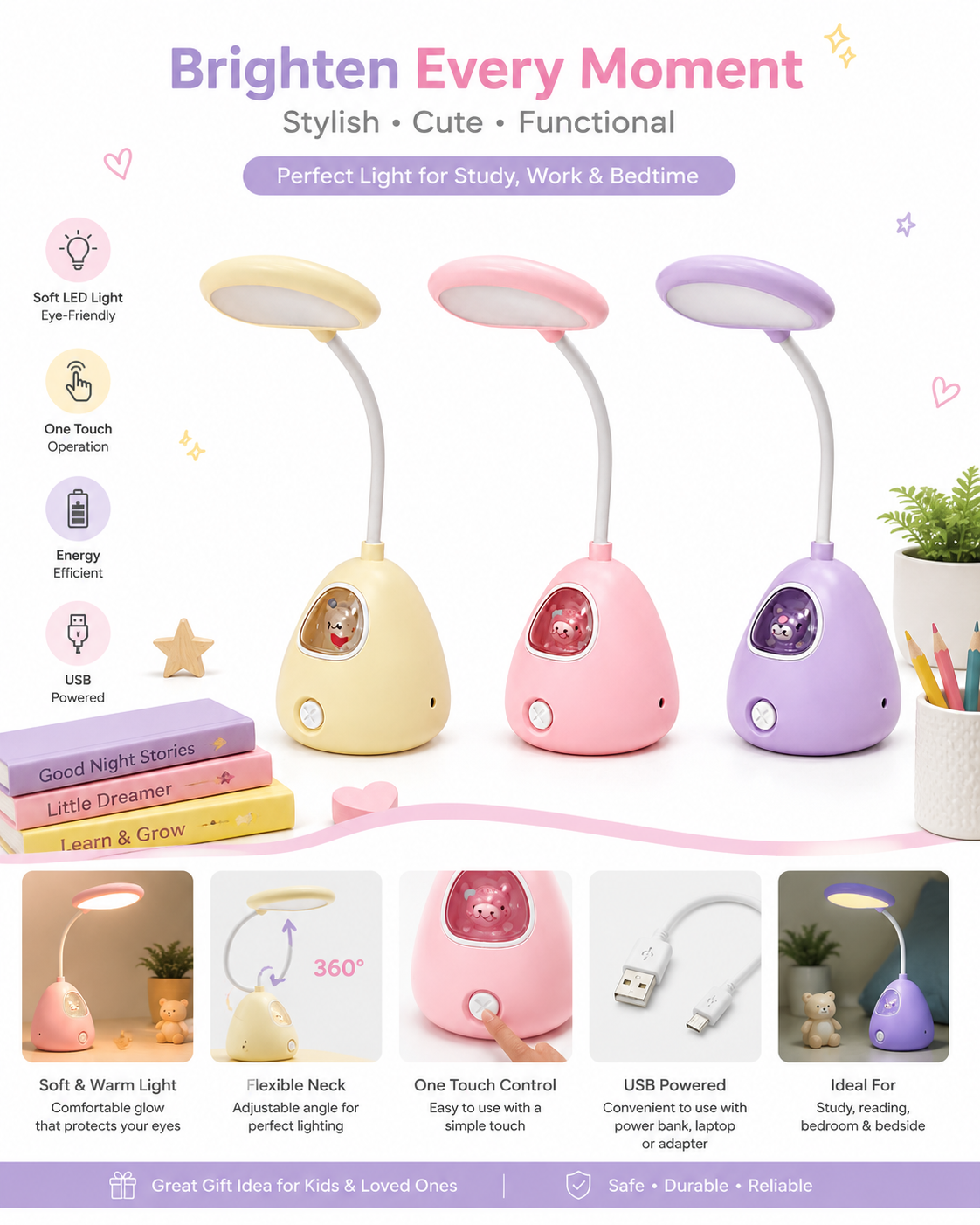 Kids LED reading lamp with purple base and flexible neck