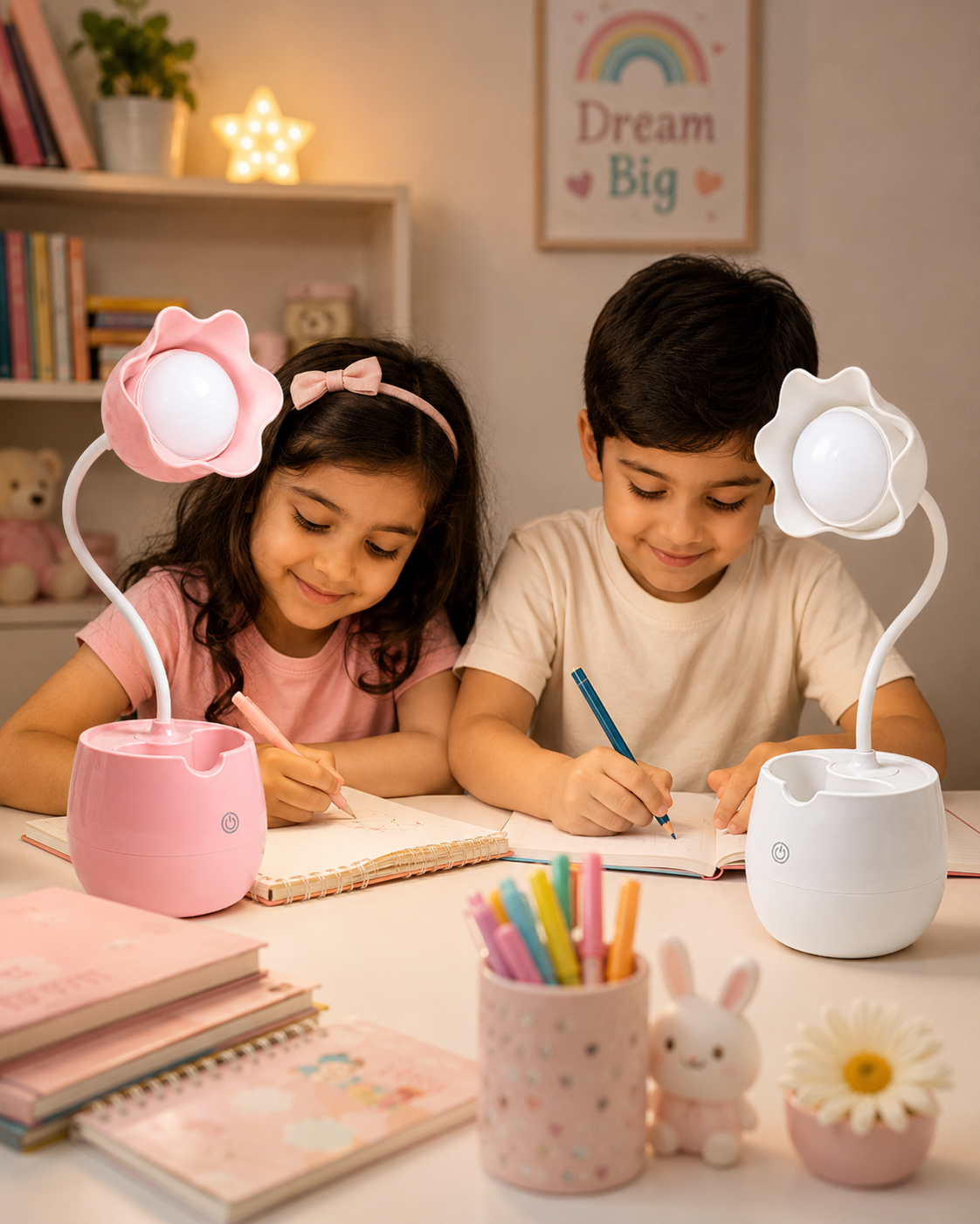 Pink flower LED table lamp with round pen holder base