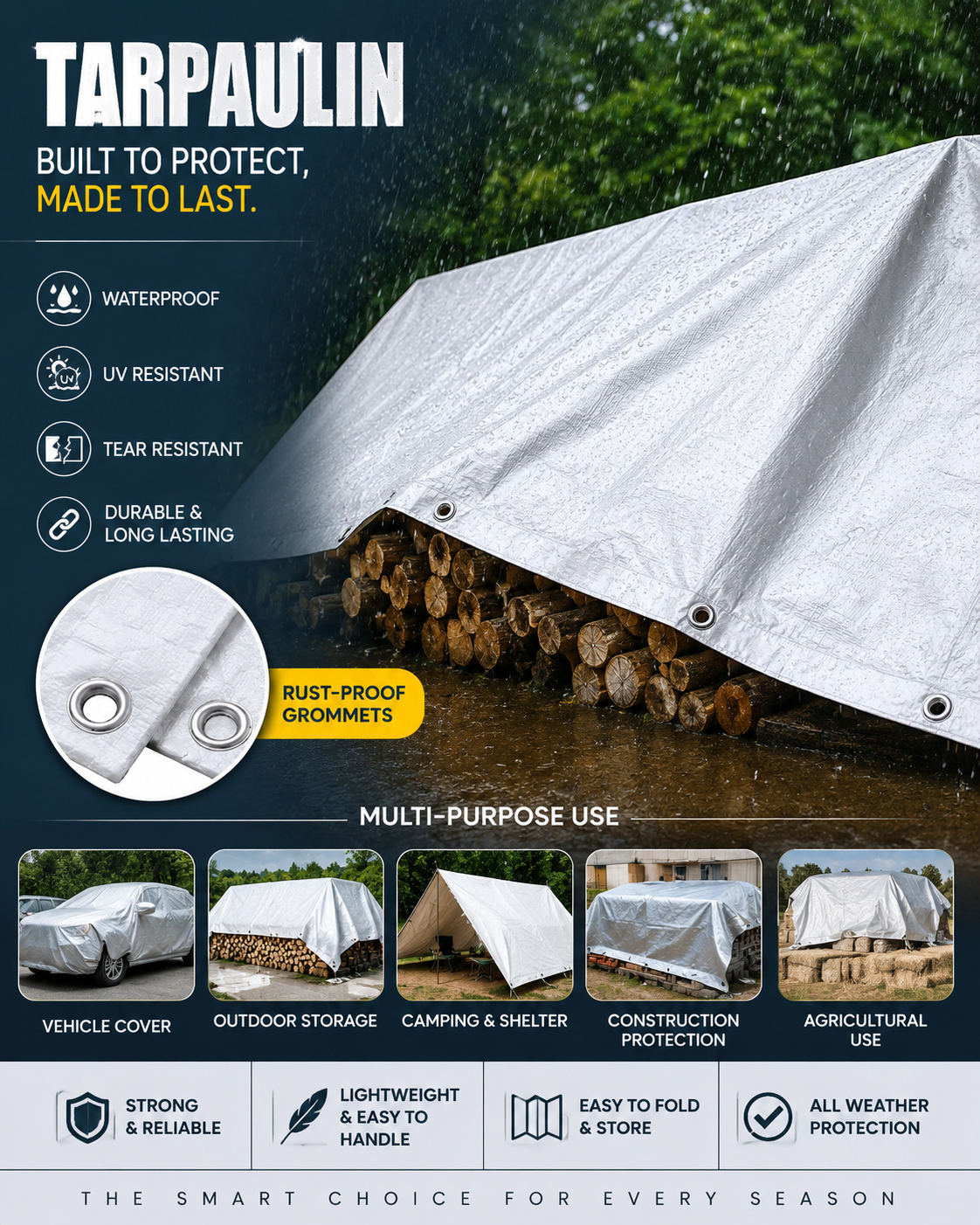 White waterproof tarpaulin sheet with metal grommets and reinforced edges