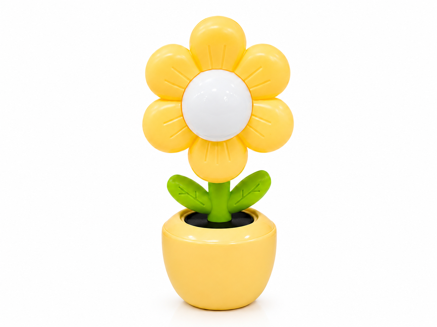 Yellow flower LED night light with white glowing center and green leaves on pot.