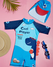 Premsons® Children's One-Piece Swimwear – Half Sleeve & Shorts Length Swimming Costume with Matching Cap - Dinosaur - Blue & Red