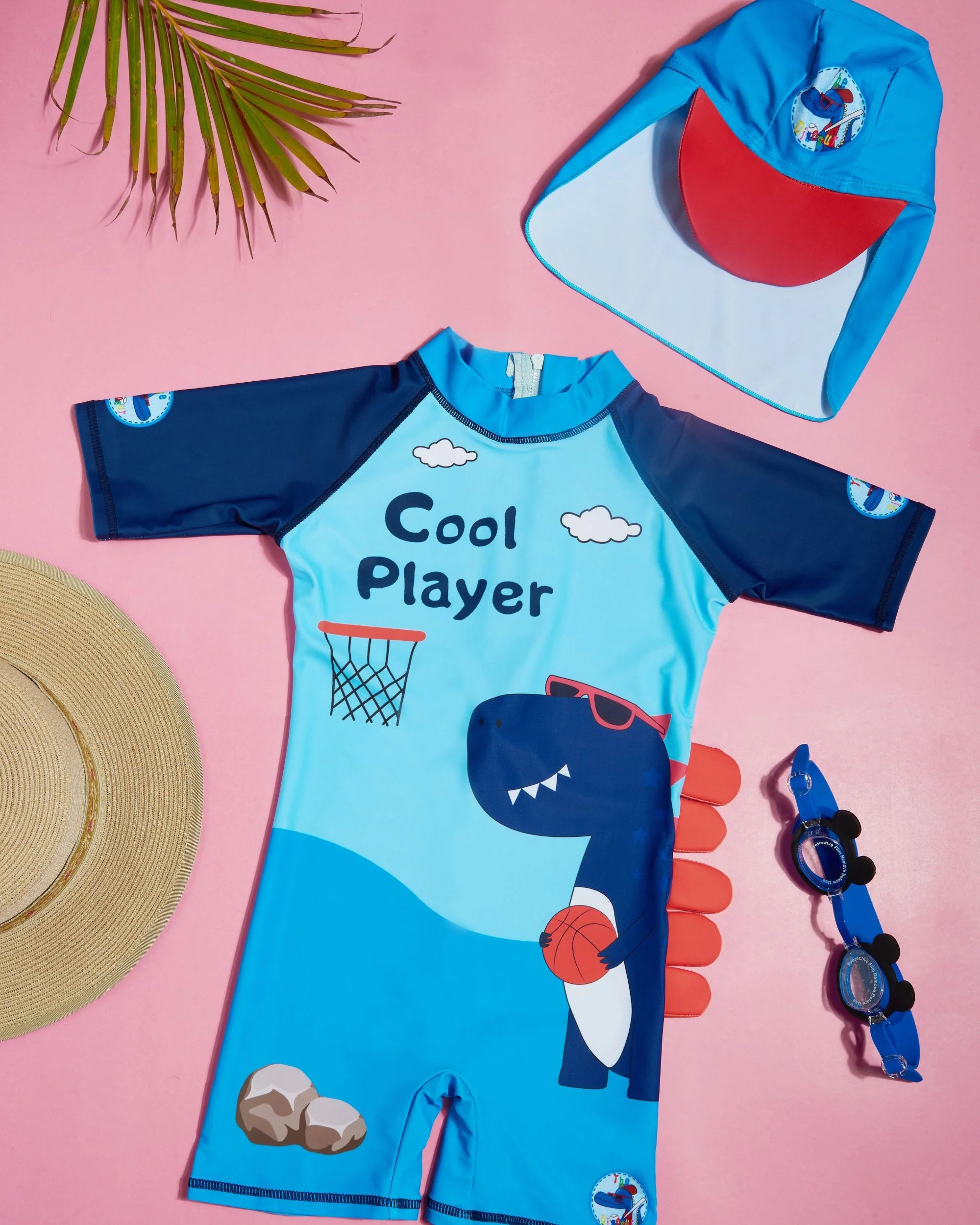 Premsons® Children's One-Piece Swimwear – Half Sleeve & Shorts Length Swimming Costume with Matching Cap - Dinosaur - Blue & Red