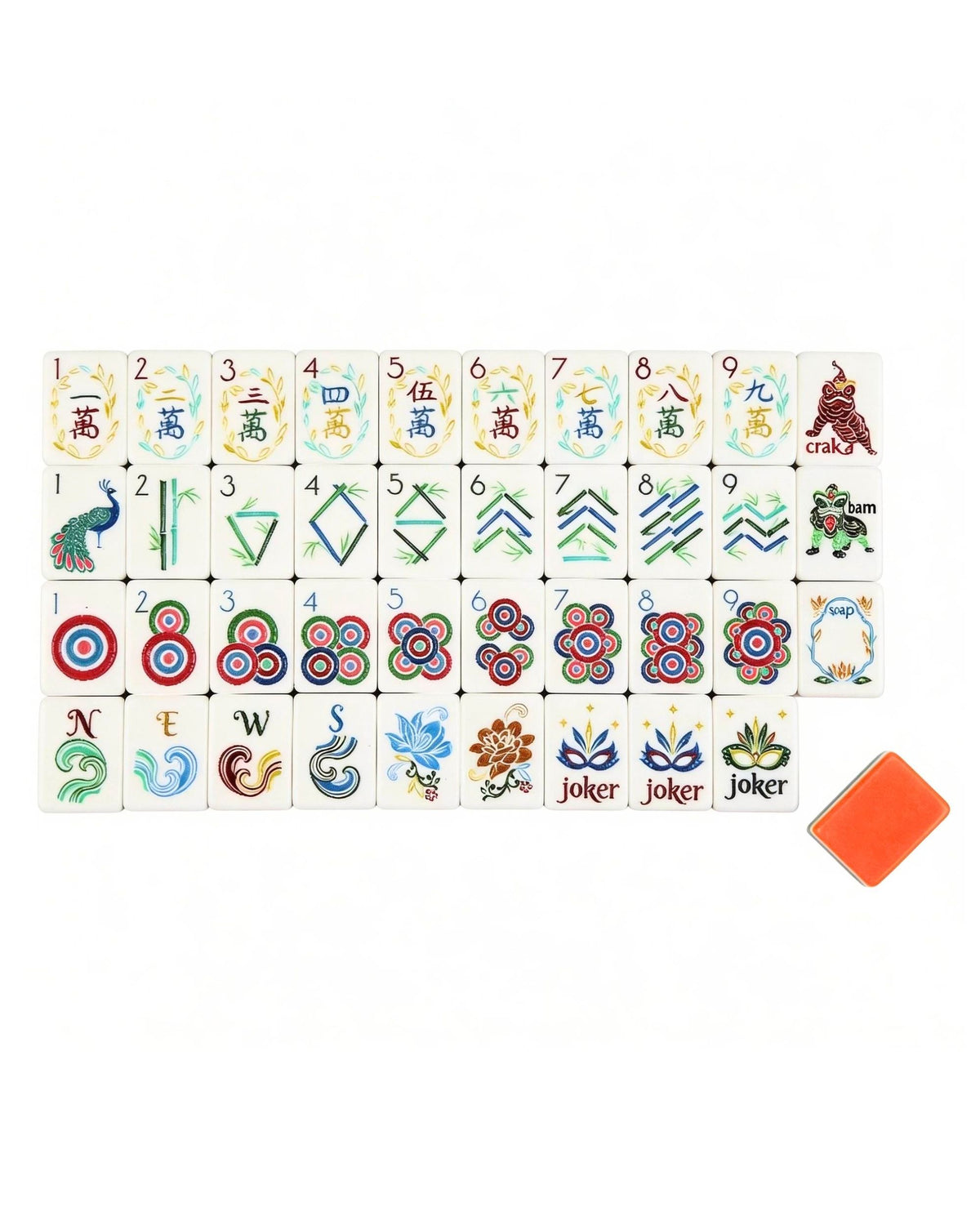 Melamine mahjong tile set with orange, white, green, and red marked tiles and joker tiles