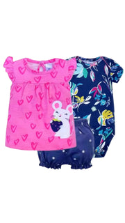 Premsons® Baby Girls' 3-Piece Mouse & Floral Outfit Set – Pink Heart Print Top, Navy Floral Bodysuit & Starry Ruffle Shorts | Soft Cotton Clothing