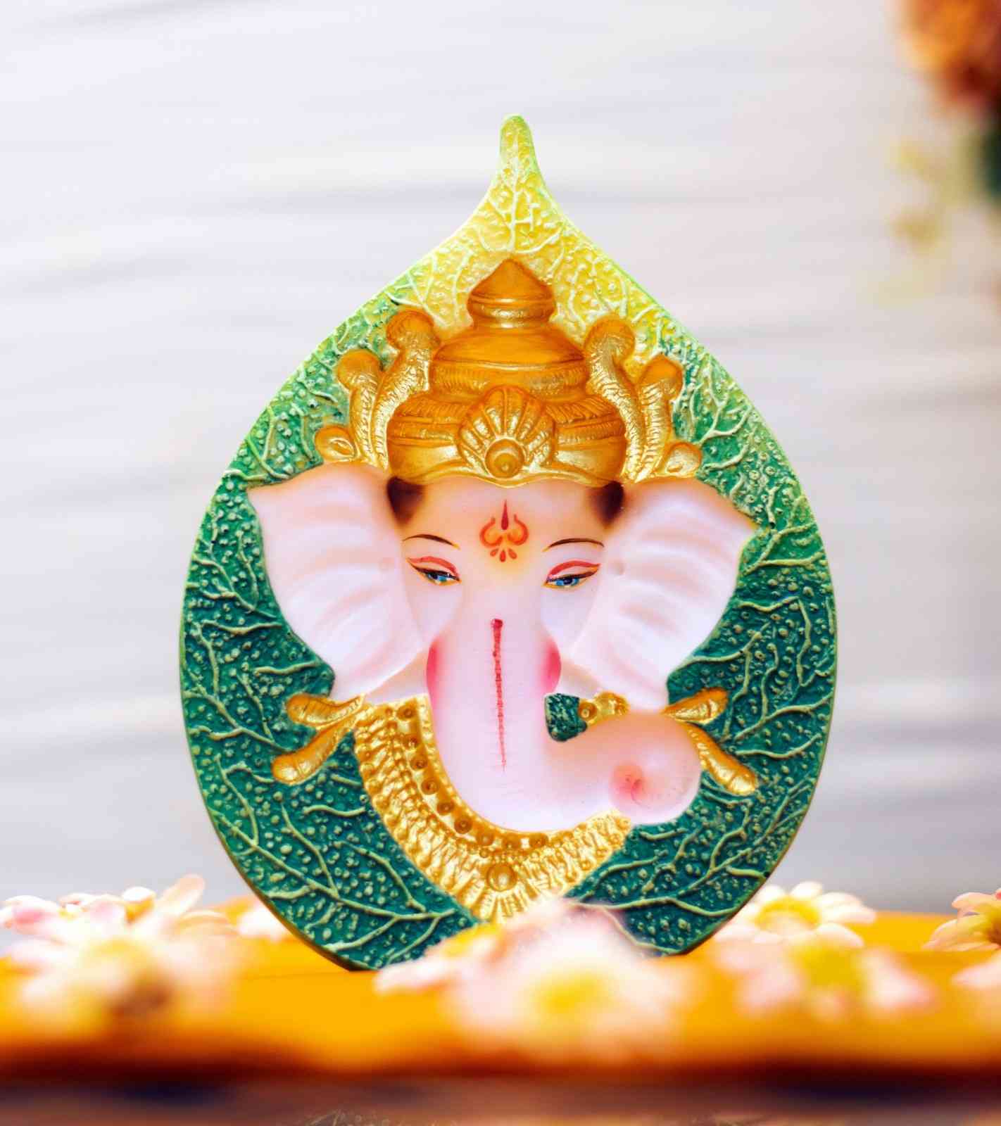 Premsons® Leaf Ganesha – Green & Pink Art Idol - Elegant Gift for Festive Occasions