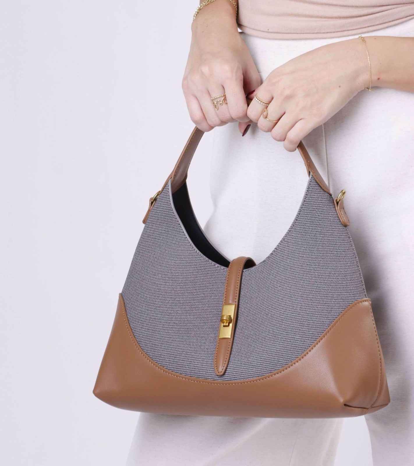 Eternia® Shoulder Bag with Detachable String Strap – Tweed & Vegan Leather Purse - Grey