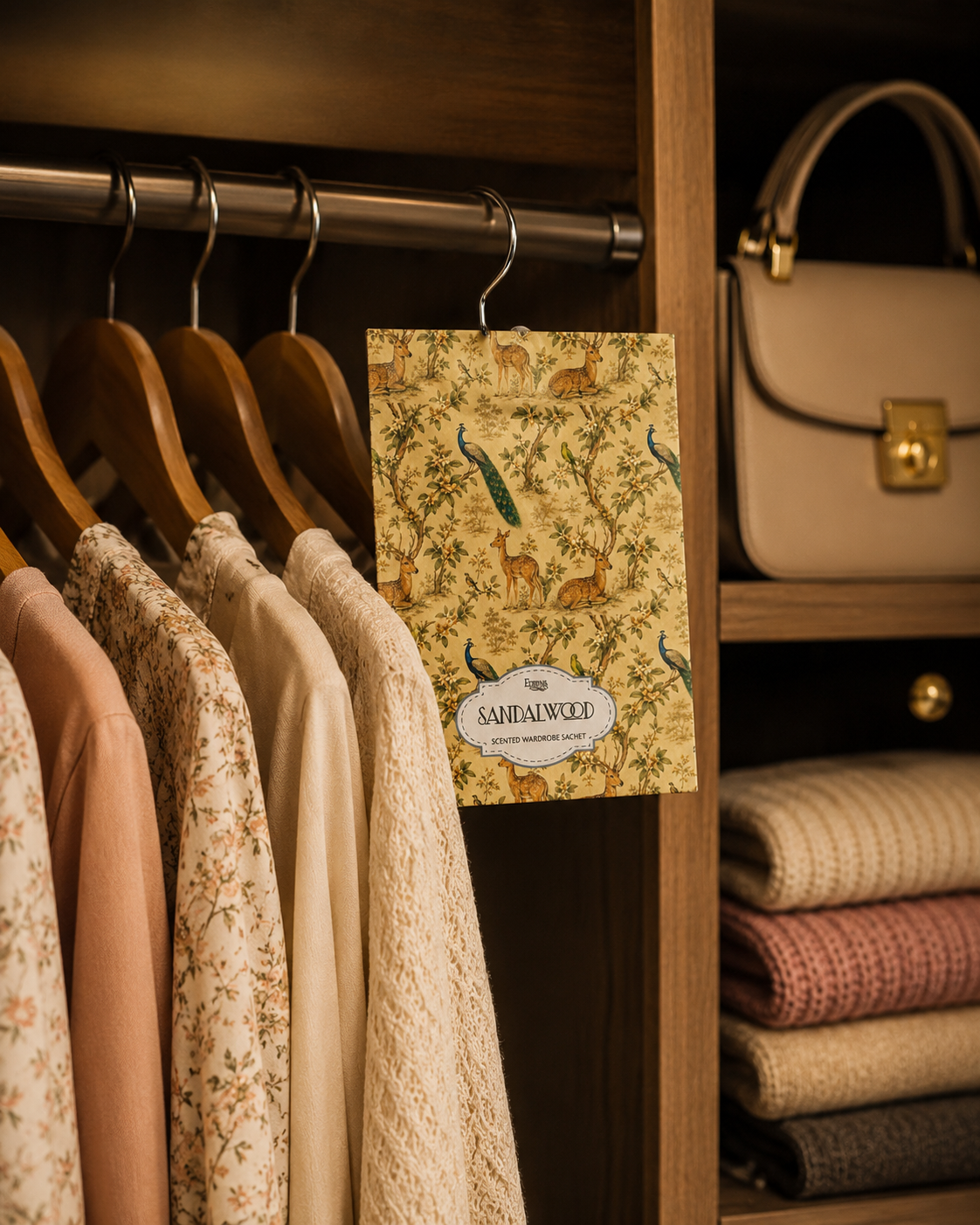 Sandalwood scented wardrobe sachet with hanging hook and jungle animal print label