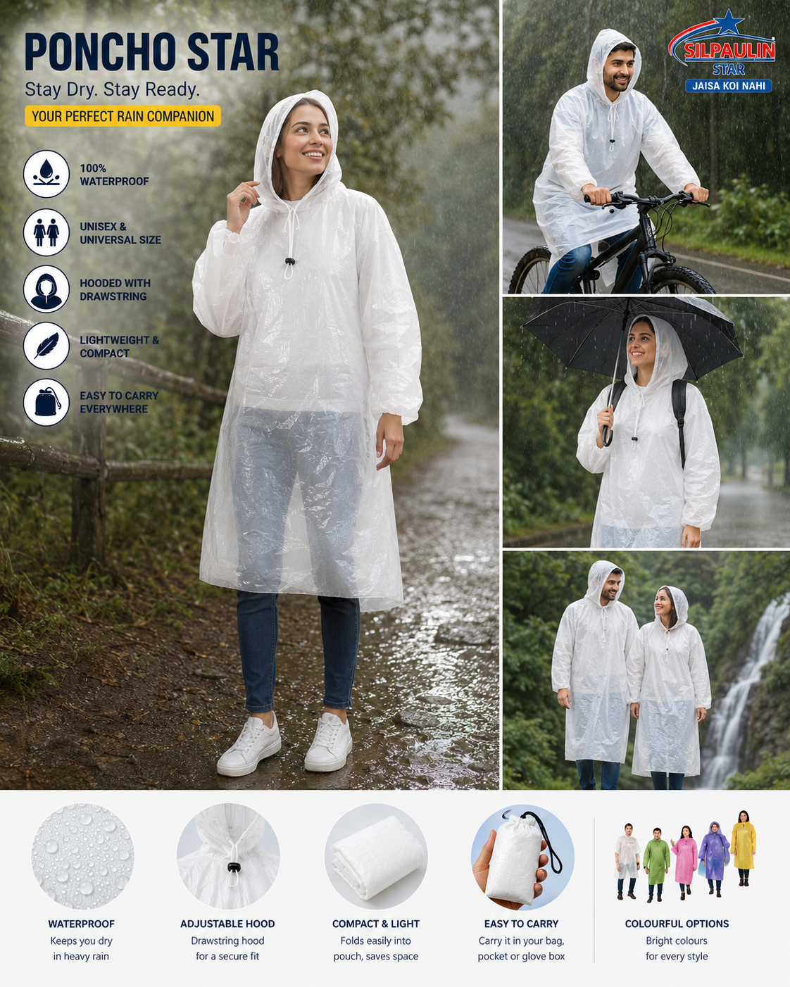 White hooded rain poncho with front drawstring, loose long sleeves, foldable carry bag