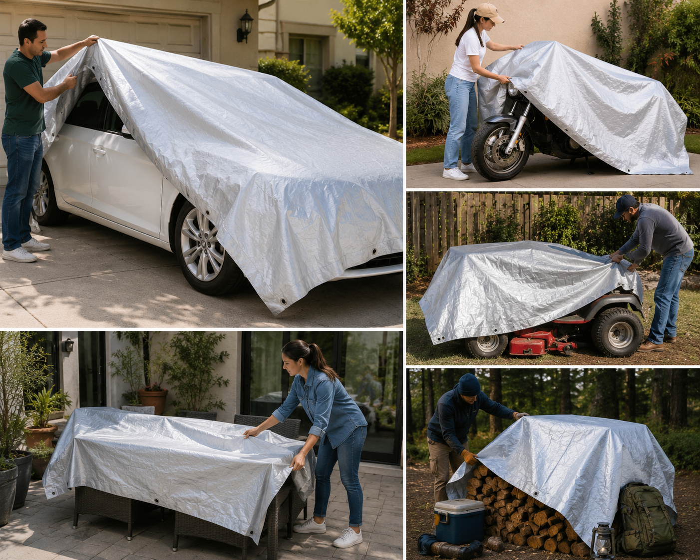 Thick white waterproof tarpaulin cover with reinforced edges and grommets, draped over car