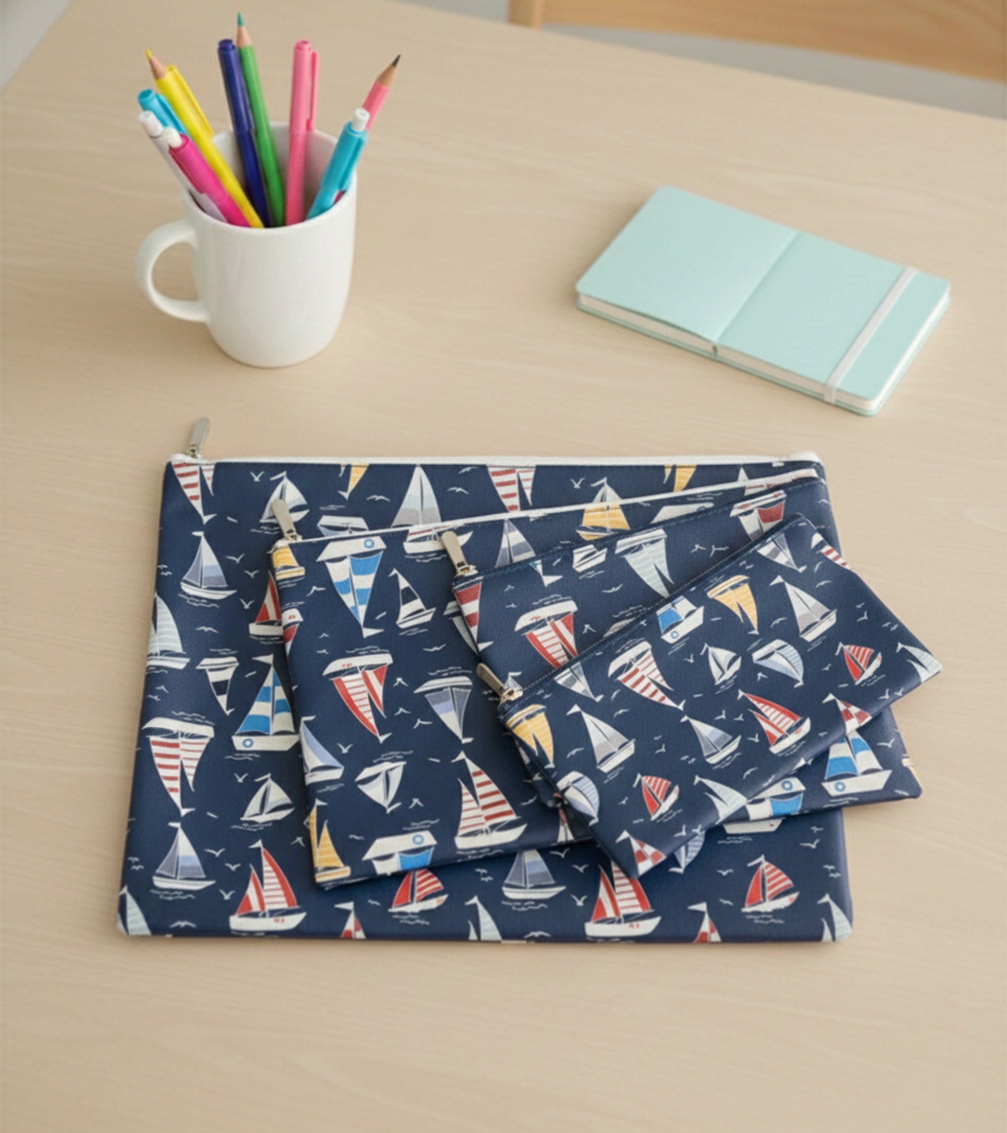 Premsons® Sailboat Design Leatherette Pouch Set of 4 (1XL, 1L, 1M, 1S) | Nautical Print, Premium Finish, Durable & Lightweight, Zip Closure, Multipurpose Storage