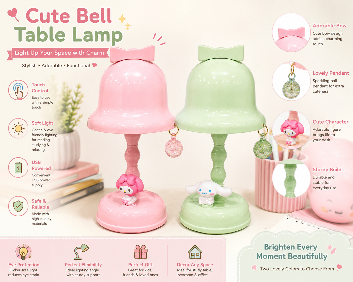 Cute bell table lamps, pink and green, bow tops with dangling charm