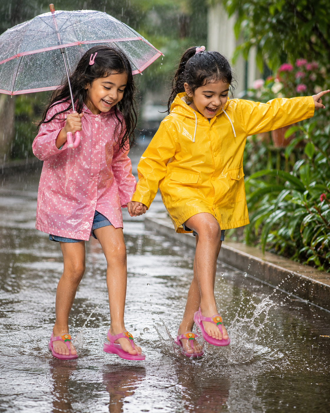 Girls' bright pink jelly sandals on wet ground, worn in the rain