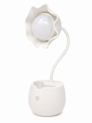 White flower LED table lamp with bulb shade and round pen holder base