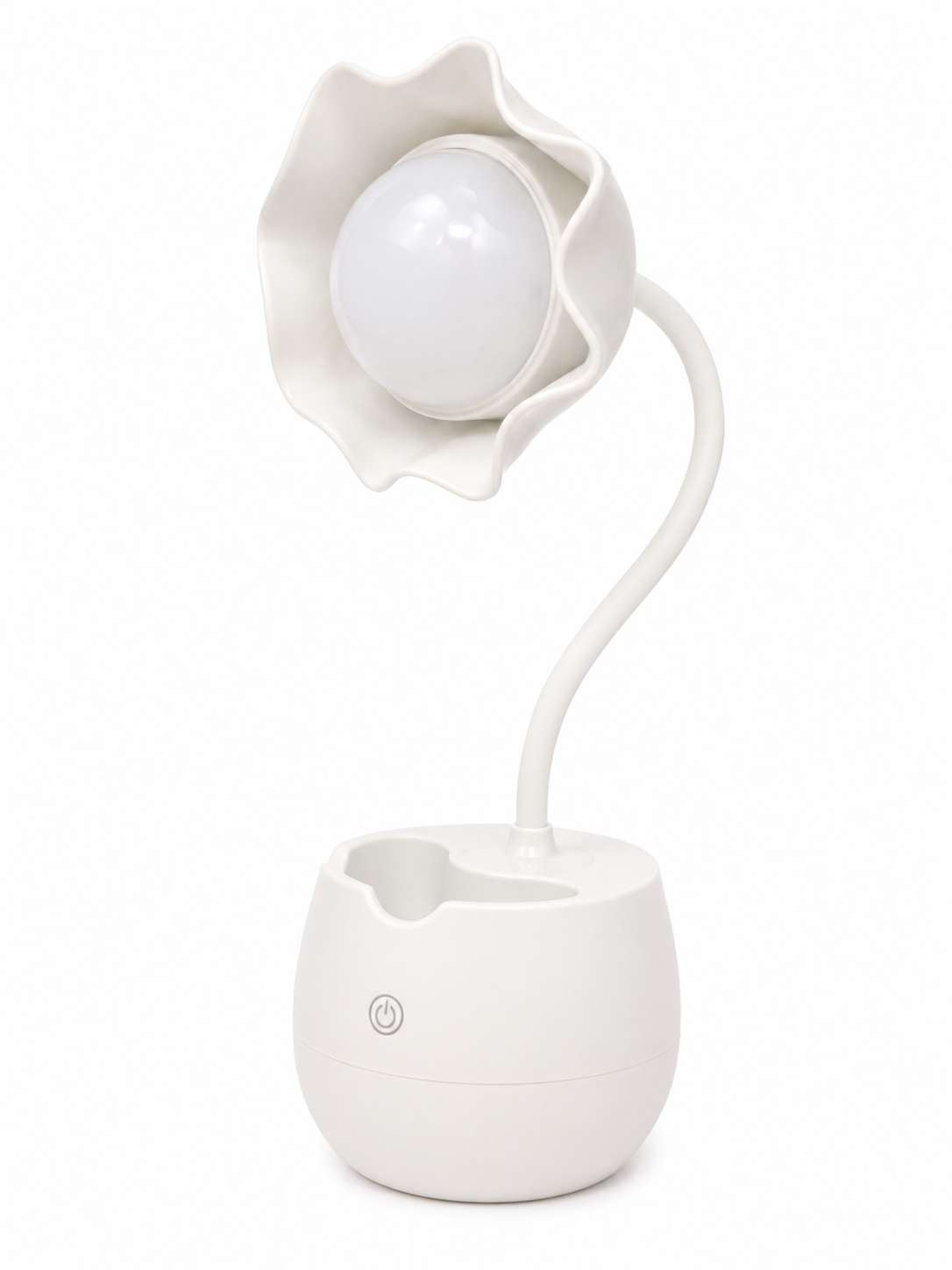 White flower LED table lamp with bulb shade and round pen holder base