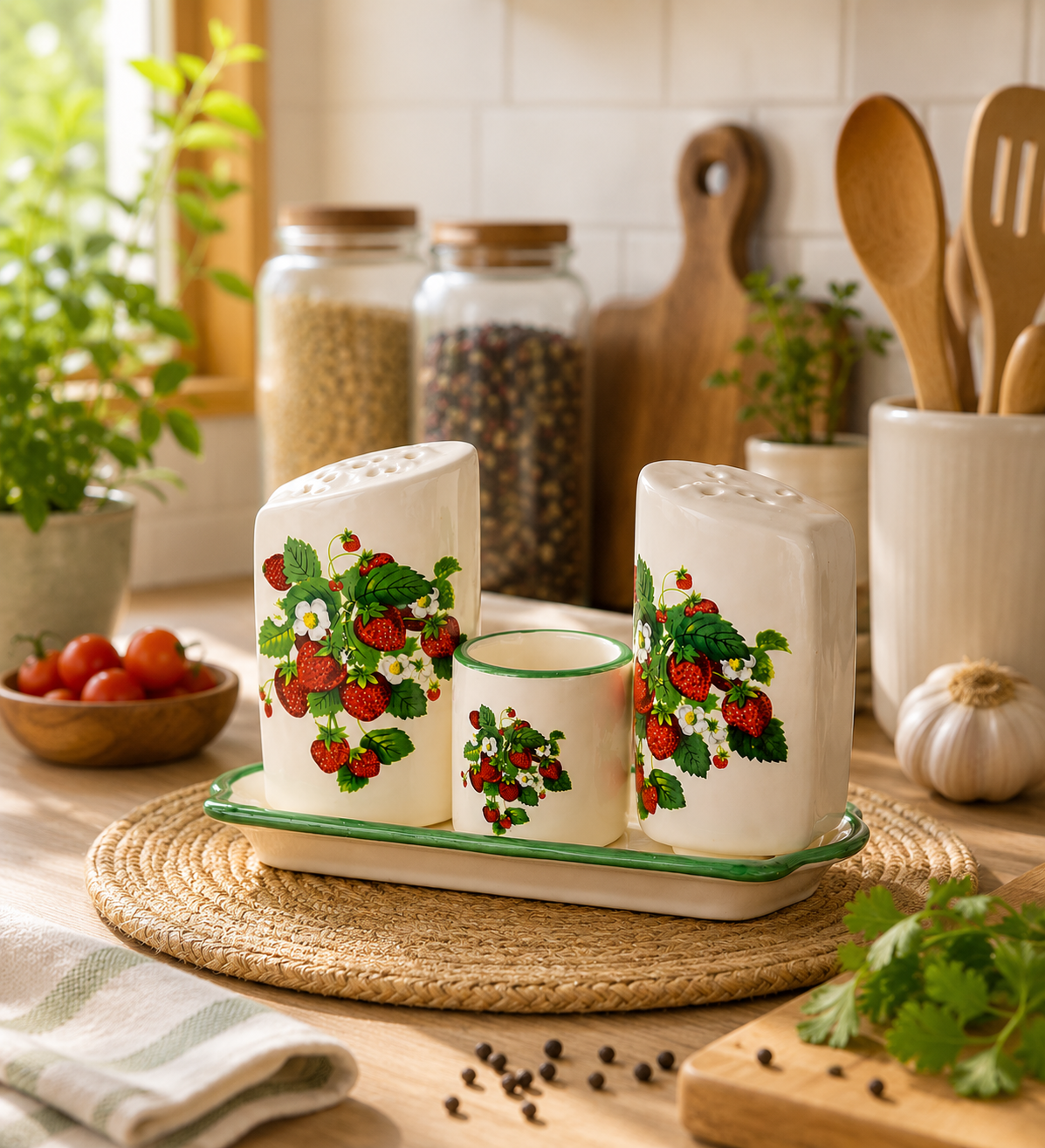 Premsons® Ceramic Salt and Pepper Shaker/Dispenser Set with Toothpick Holder – Elegant Tabletop Spice Set for Dining Table & Kitchen Décor