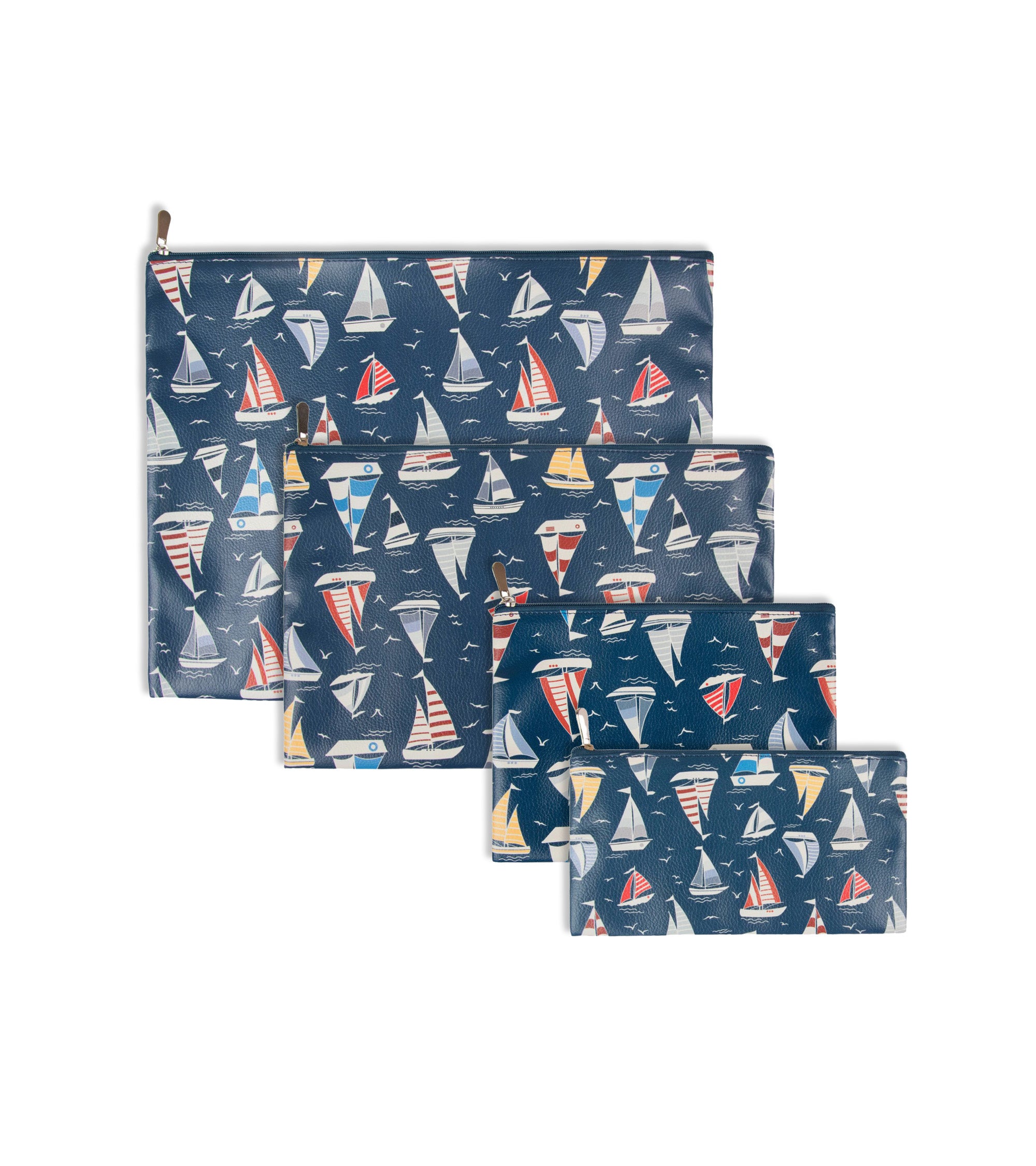 Premsons® Sailboat Design Leatherette Pouch Set of 4 (1XL, 1L, 1M, 1S) | Nautical Print, Premium Finish, Durable & Lightweight, Zip Closure, Multipurpose Storage