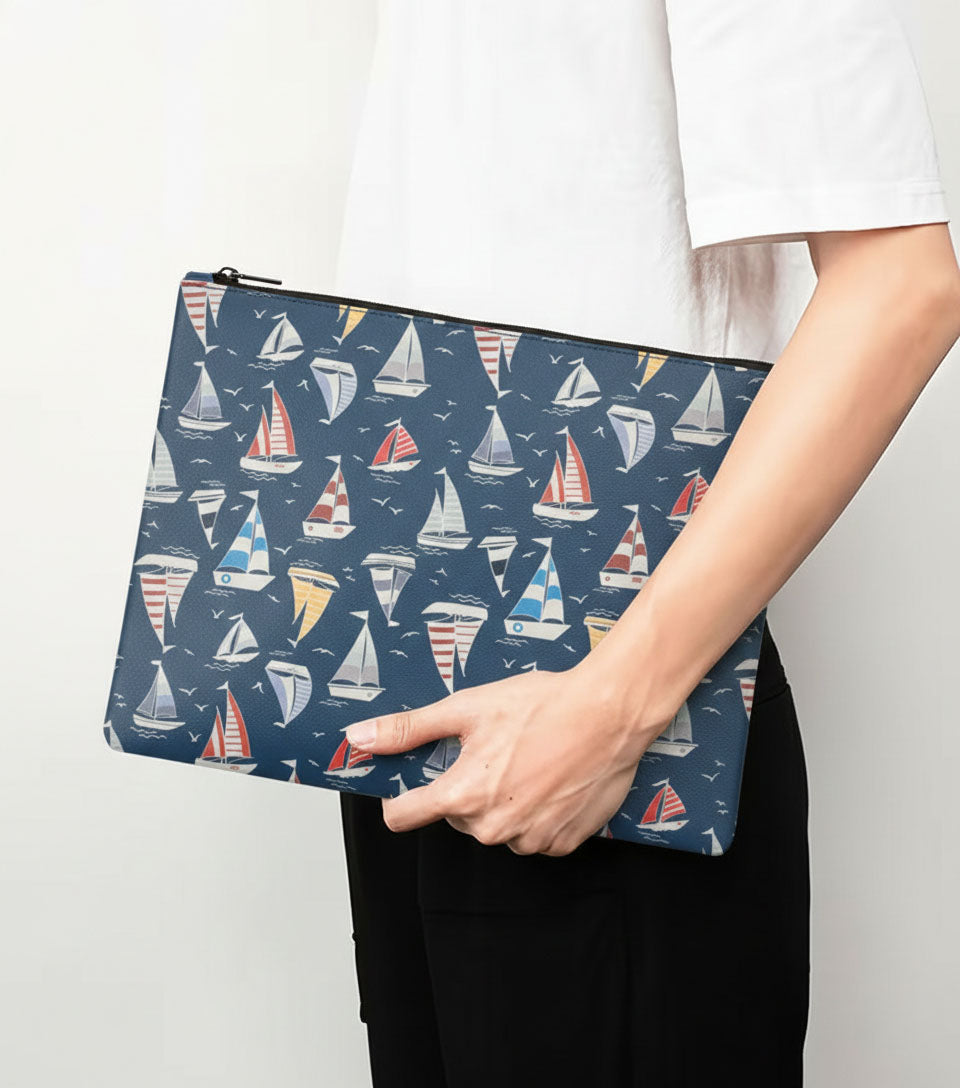Premsons® Sailboat Design Leatherette Pouch | Nautical Print, Premium Finish, Durable & Lightweight, Zip Closure, Multipurpose Storage