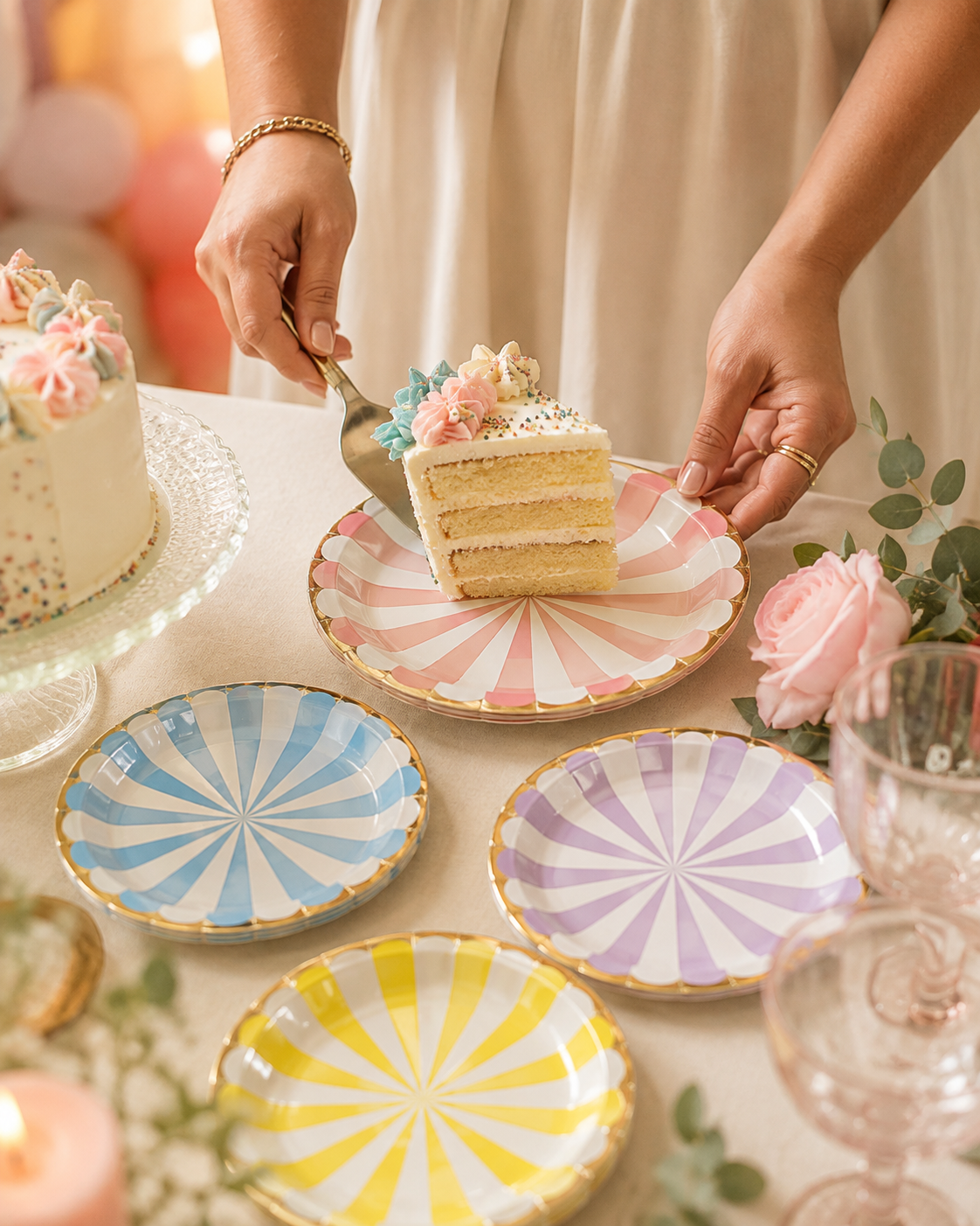 Premsons® Multicolor Party Plates – Pastel Rainbow Design | Gold Rim Disposable Plates for Birthdays & Celebrations (set of 10 ) (Pack of 2)