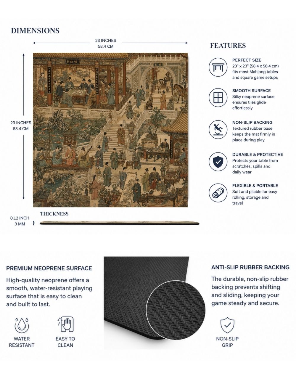 Premsons® Along the Silk Road Mahjong Table Mat – Premium Anti-Slip Square Gaming & Decorative Mat - 23 x 23 inch - Versatile Non-Slip Play Surface