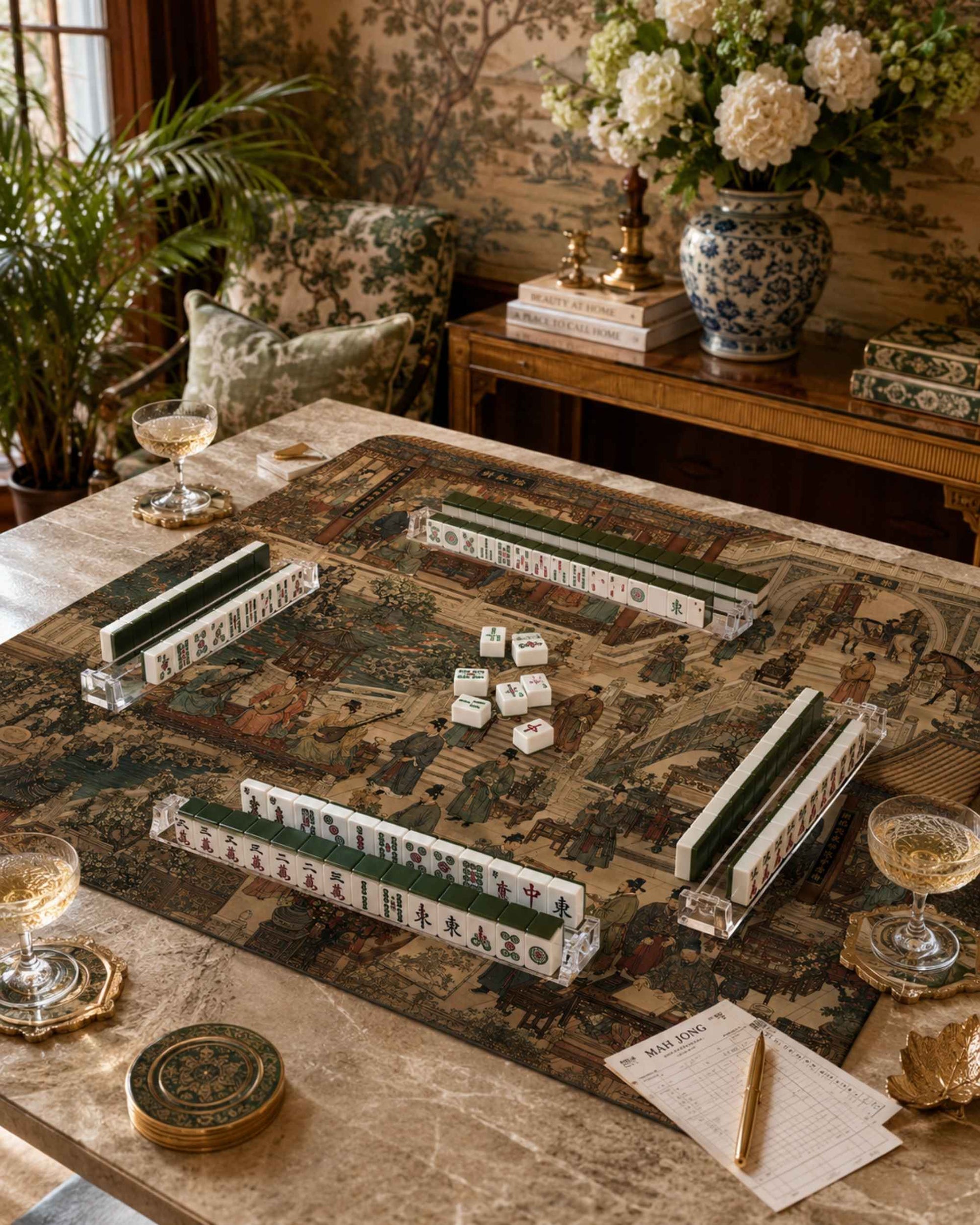 Square mahjong table mat with ornate Along the Silk Road-style artwork and green borders
