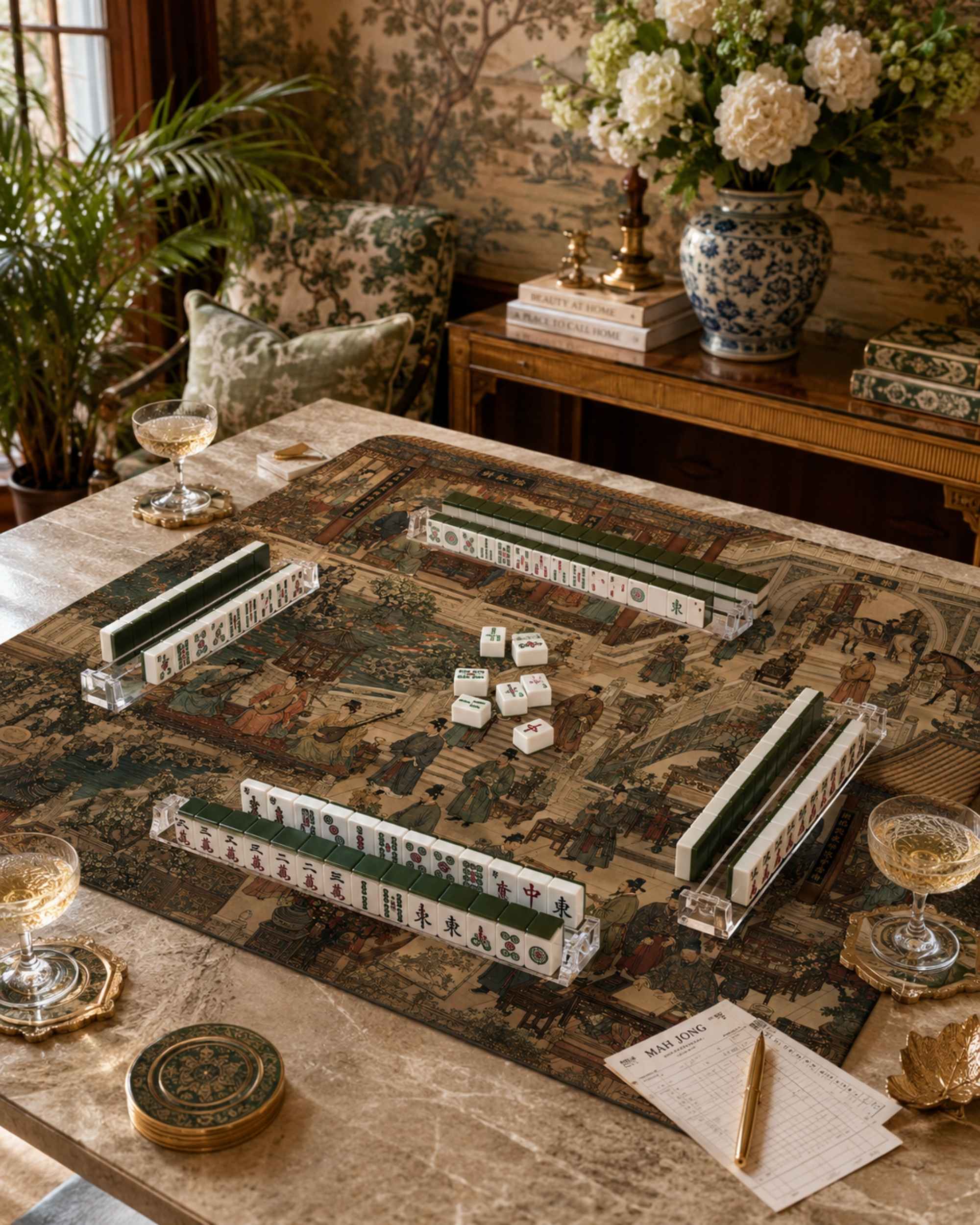Square mahjong table mat with ornate Along the Silk Road-style artwork and green borders