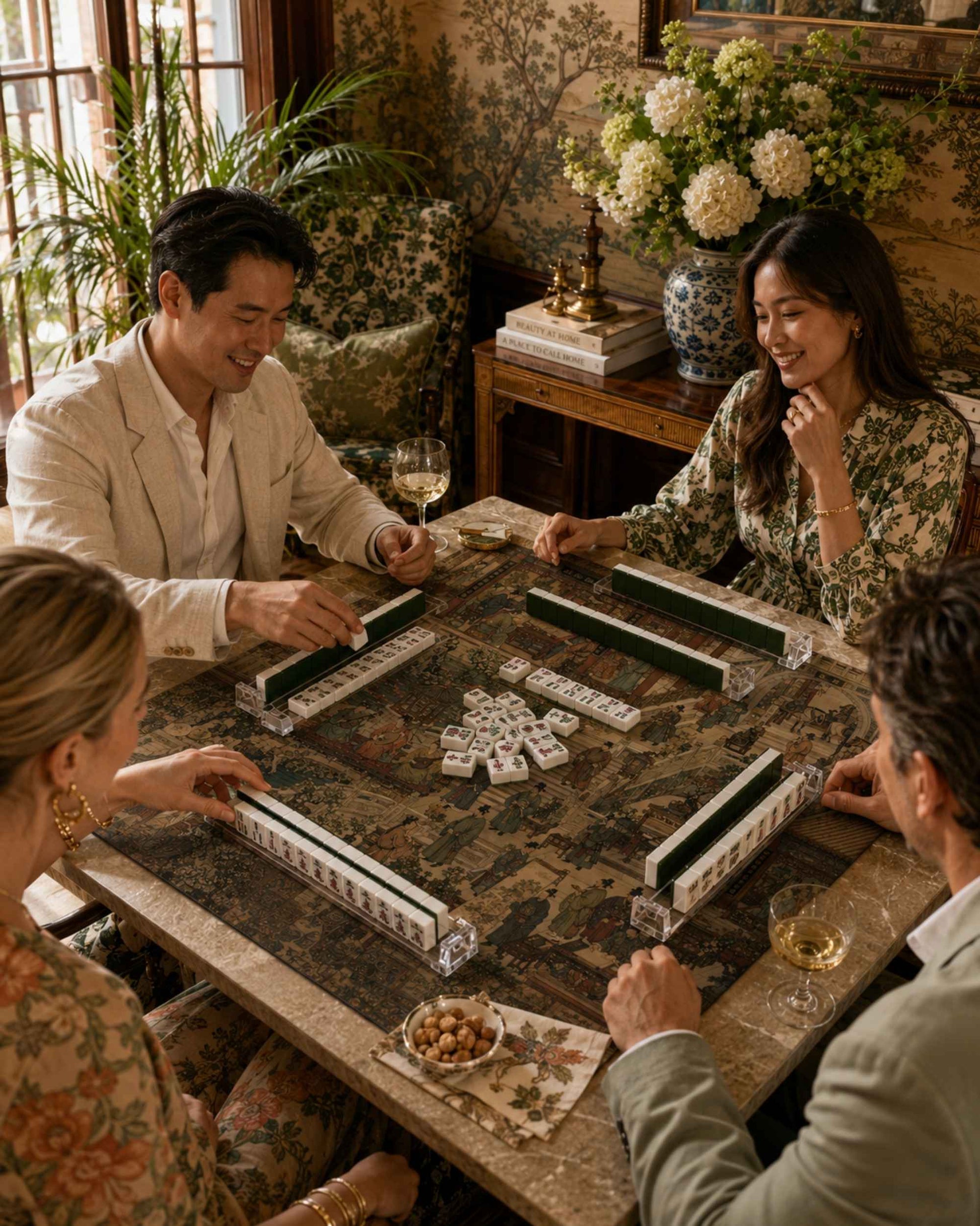Square mahjong table mat laid on a table, with ornate artwork and green edge trim