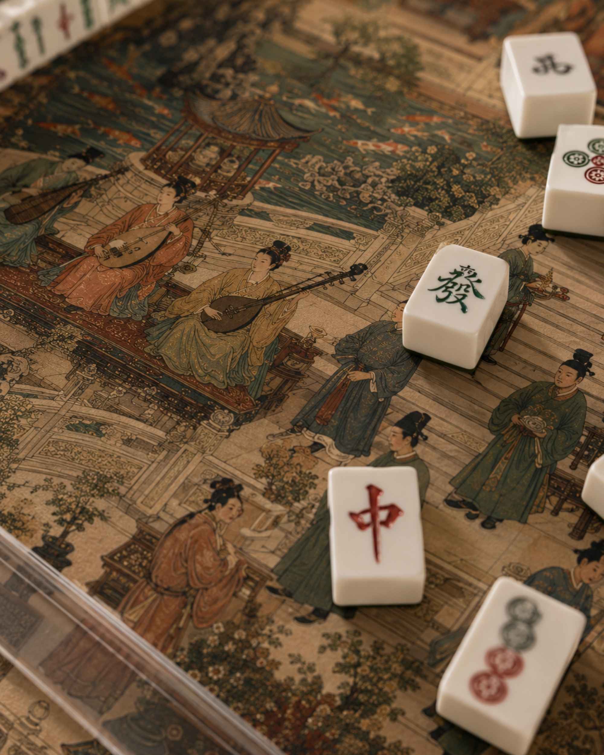 Square mahjong table mat with detailed figures, floral pattern, and Chinese character tile faces