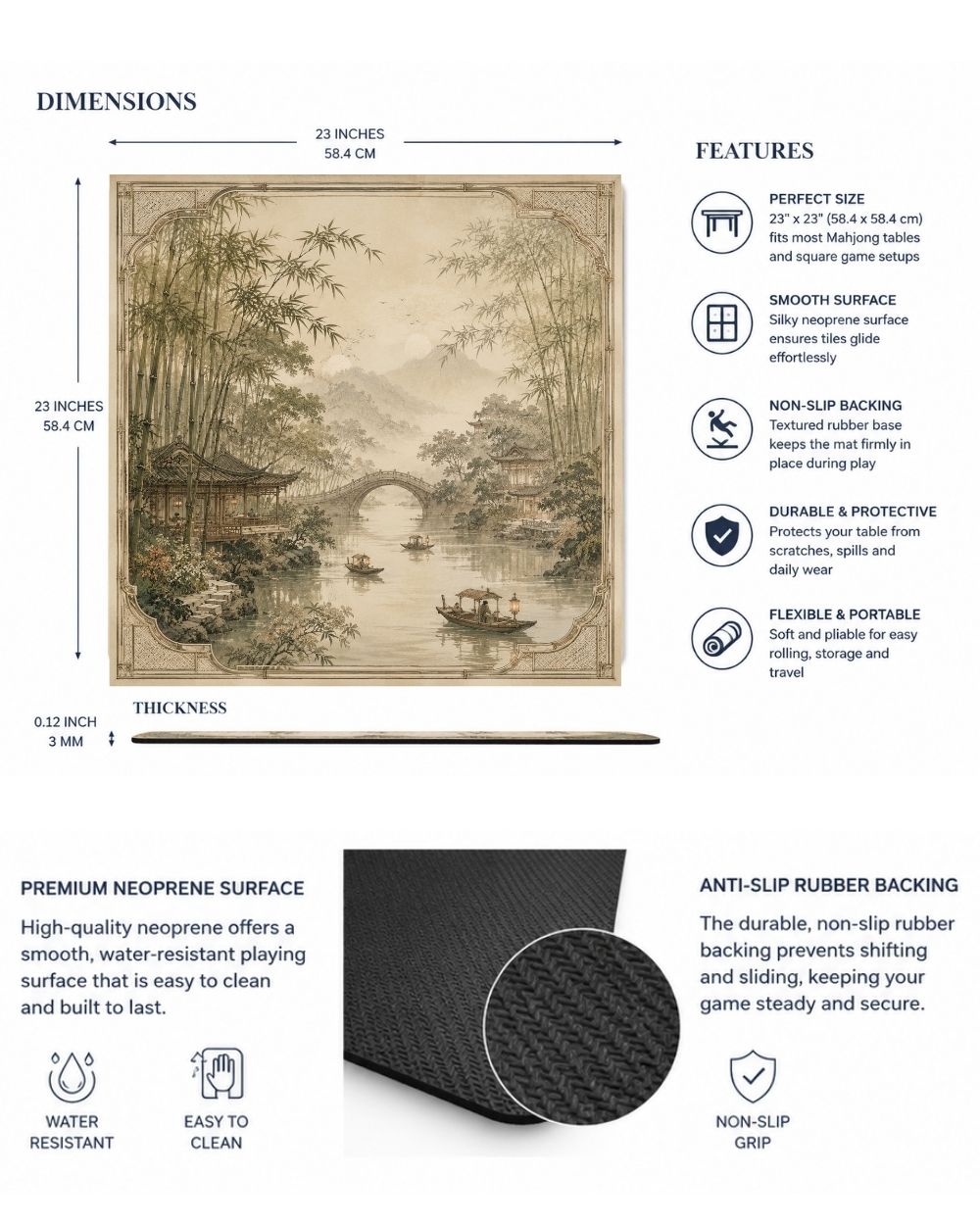 Premsons® Along the Yangtze Mahjong Table Mat – Premium Anti-Slip Square Gaming & Decorative Mat - 23 x 23 inch - Versatile Non-Slip Play Surface