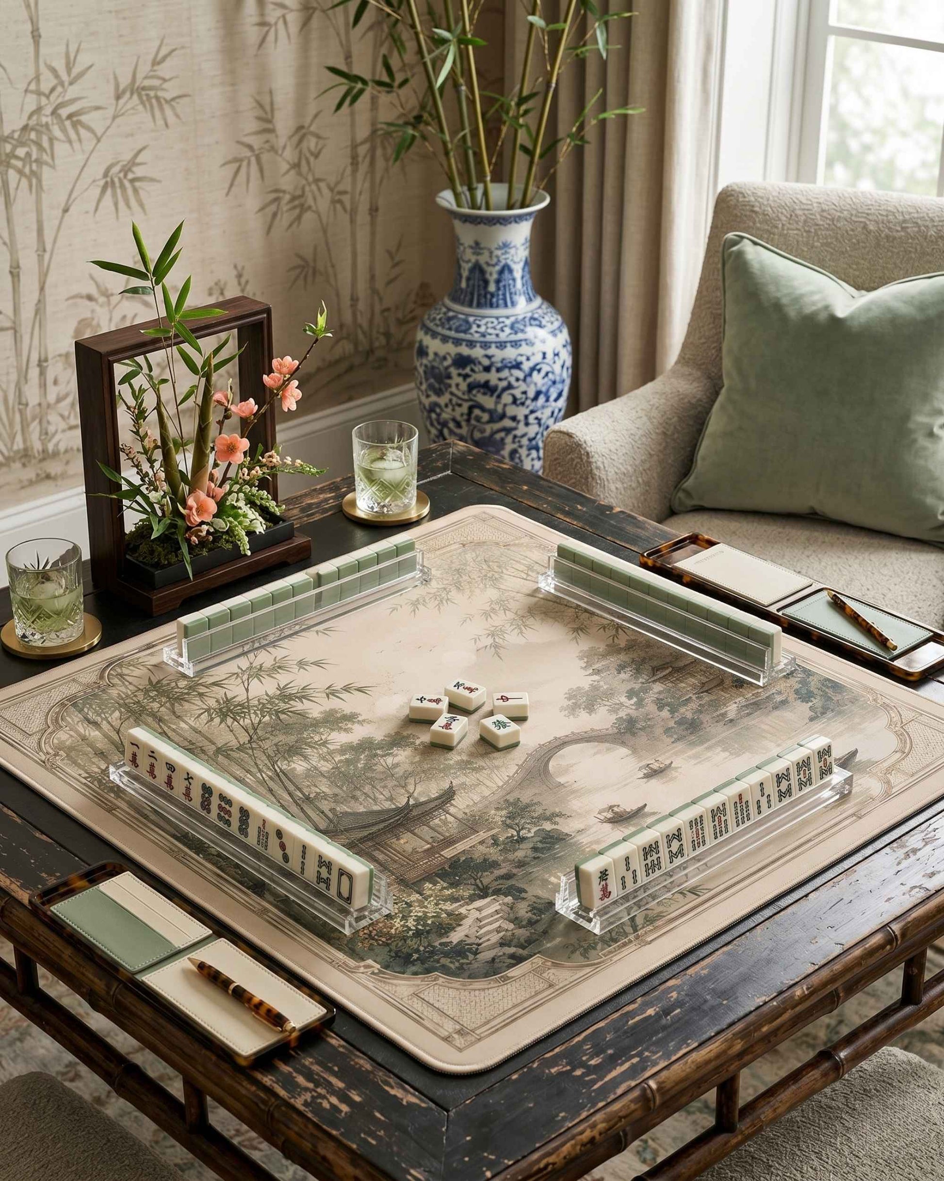 Square mahjong table mat with bamboo and pagoda scene print and resting tile racks