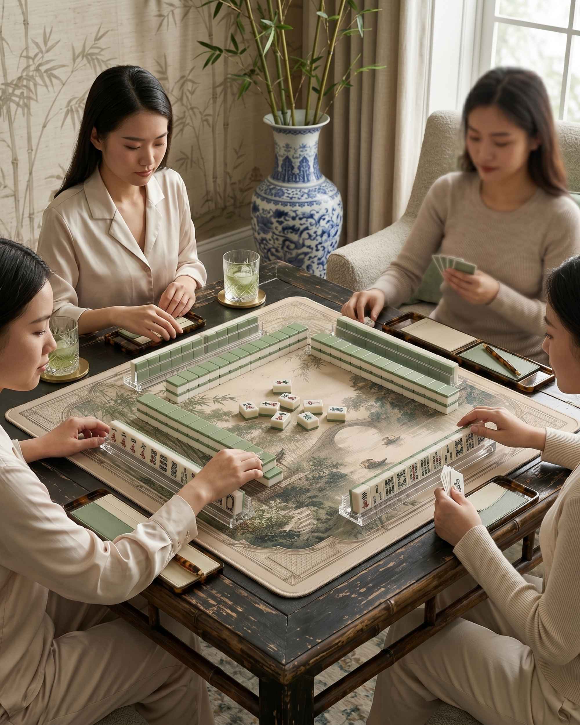 Square mahjong table mat with bamboo-themed print, flat non-slip play surface