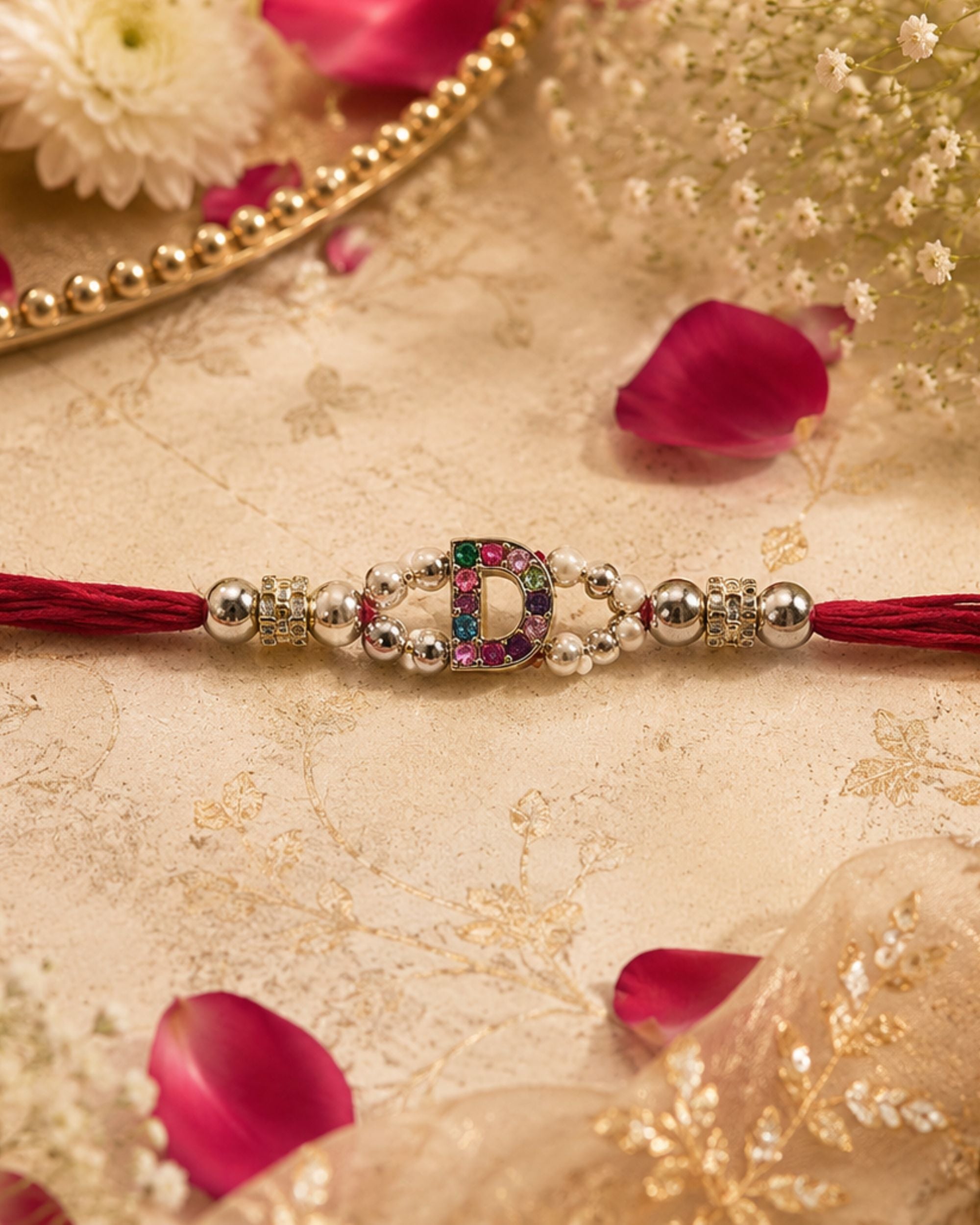 A close-up of a traditional Indian Rakhi bracelet with a central letter 'D' embellished with pink and green stones, flanked by silver beads and red tassels, set against a decorated beige fabric background with flower petals.