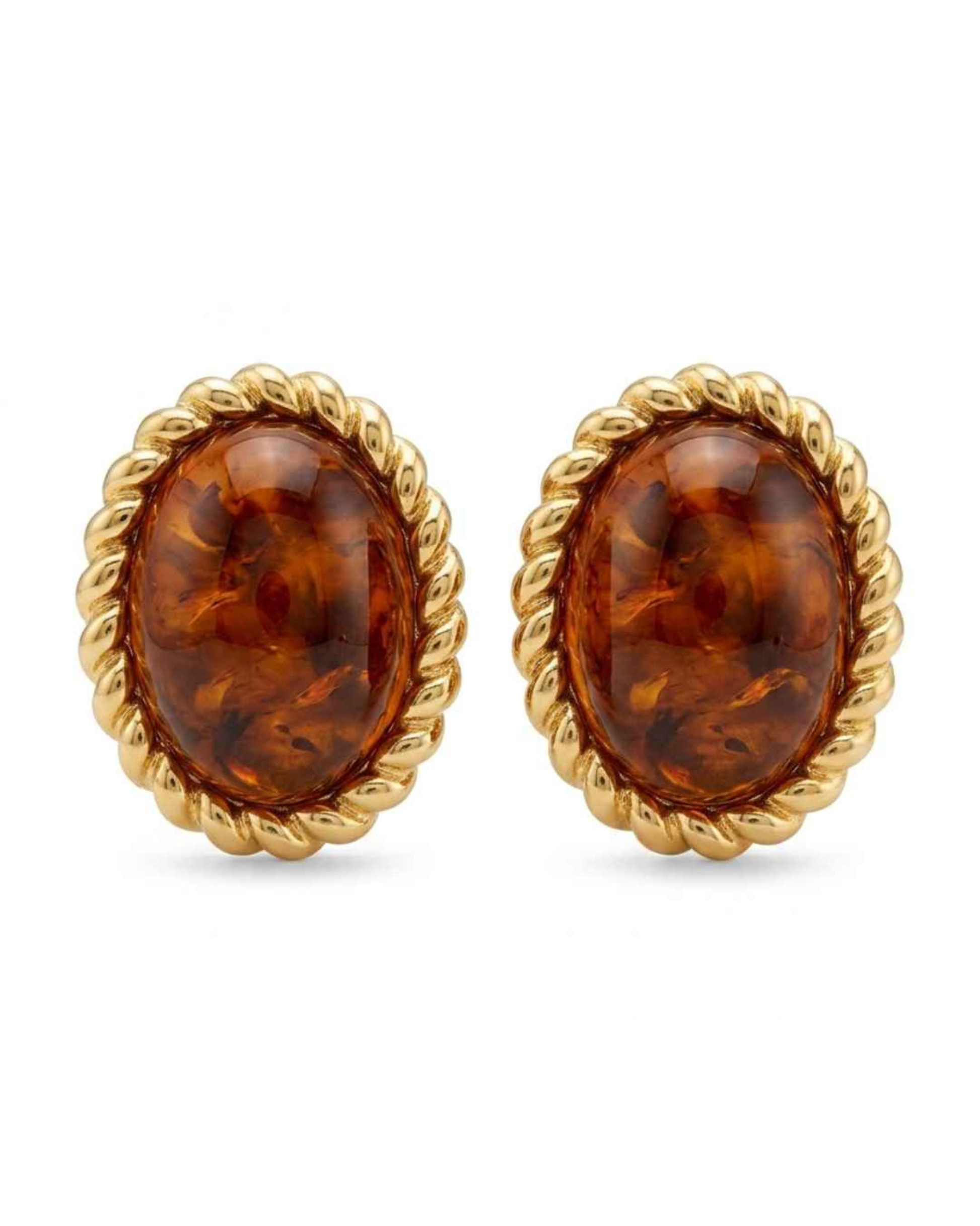 Oval amber stud earrings with gold-tone rope-edged bezel, front view