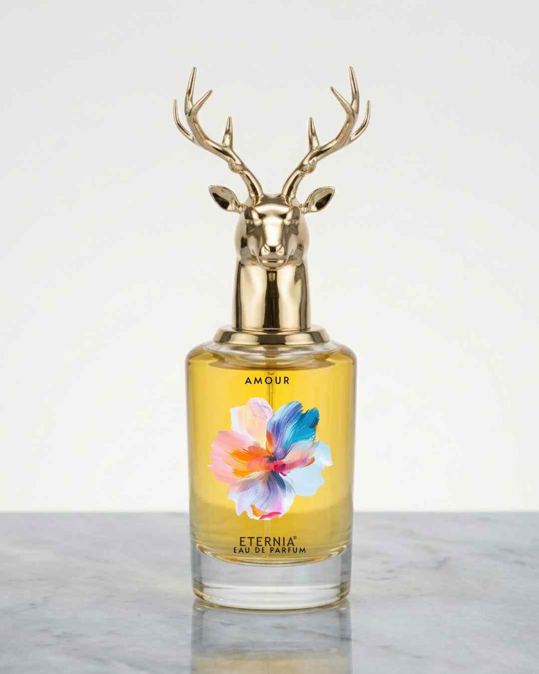 Amour Eau de Parfum bottle with gold deer head cap and yellow floral label