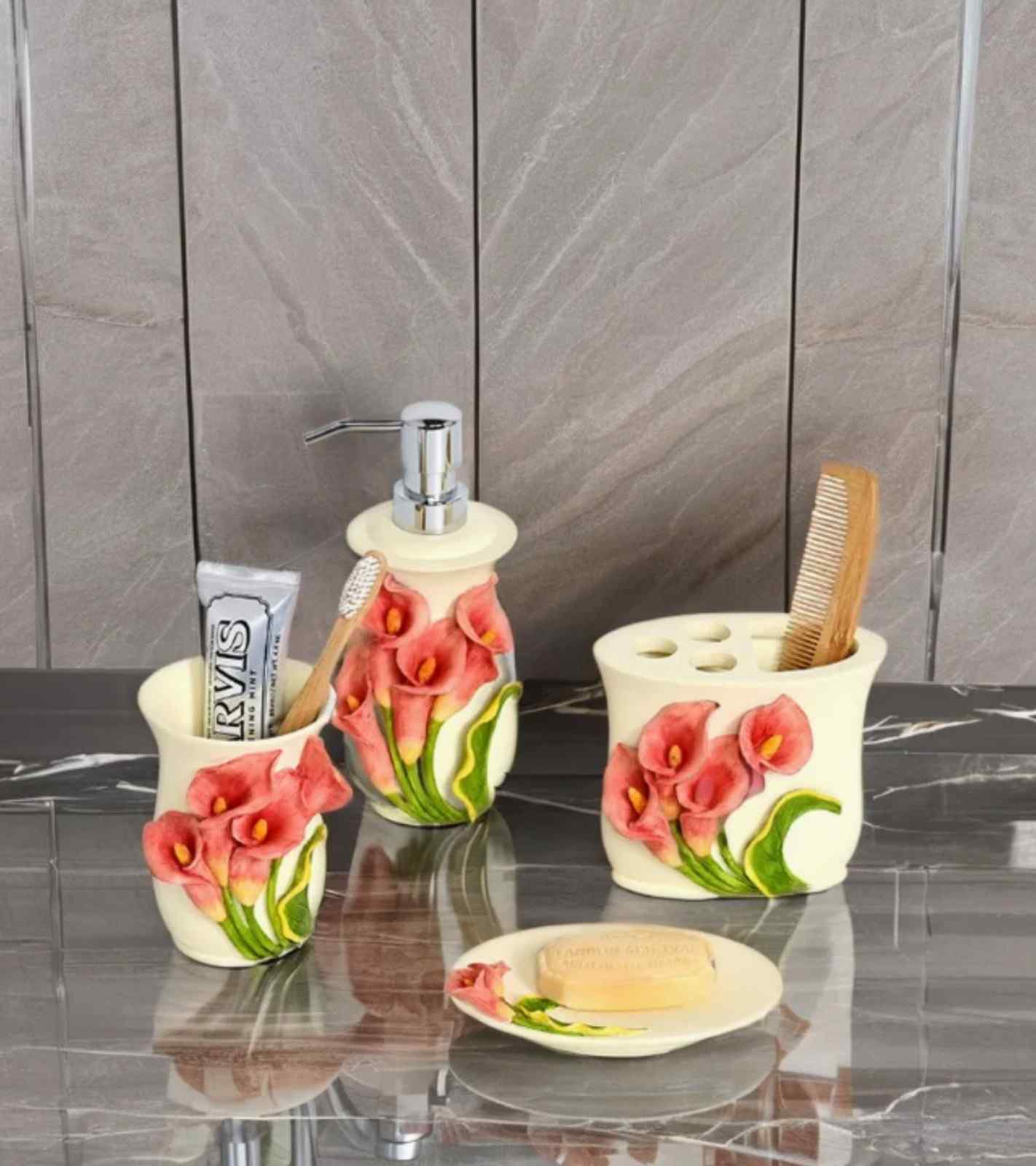 Premsons® Anthurium Fantasy Bathroom Accessories Set of 4 – Dispenser, Soap Tray, Cup & Brush Stand – Durable Polyresin Finish