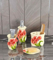 Premsons® Anthurium Fantasy Bathroom Accessories Set of 4 – Dispenser, Soap Tray, Cup & Brush Stand – Durable Polyresin Finish