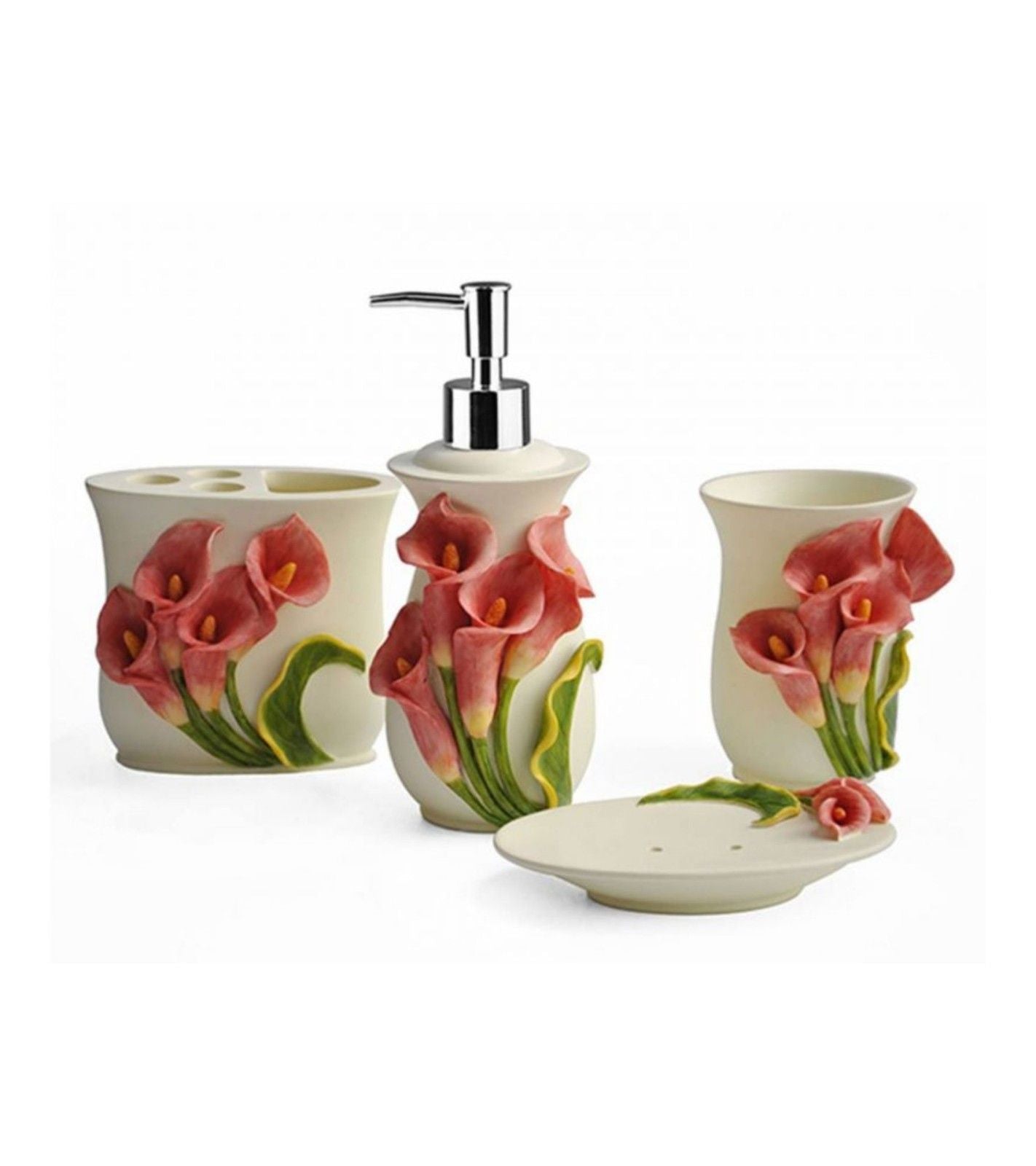 Premsons® Anthurium Fantasy Bathroom Accessories Set of 4 – Dispenser, Soap Tray, Cup & Brush Stand – Durable Polyresin Finish