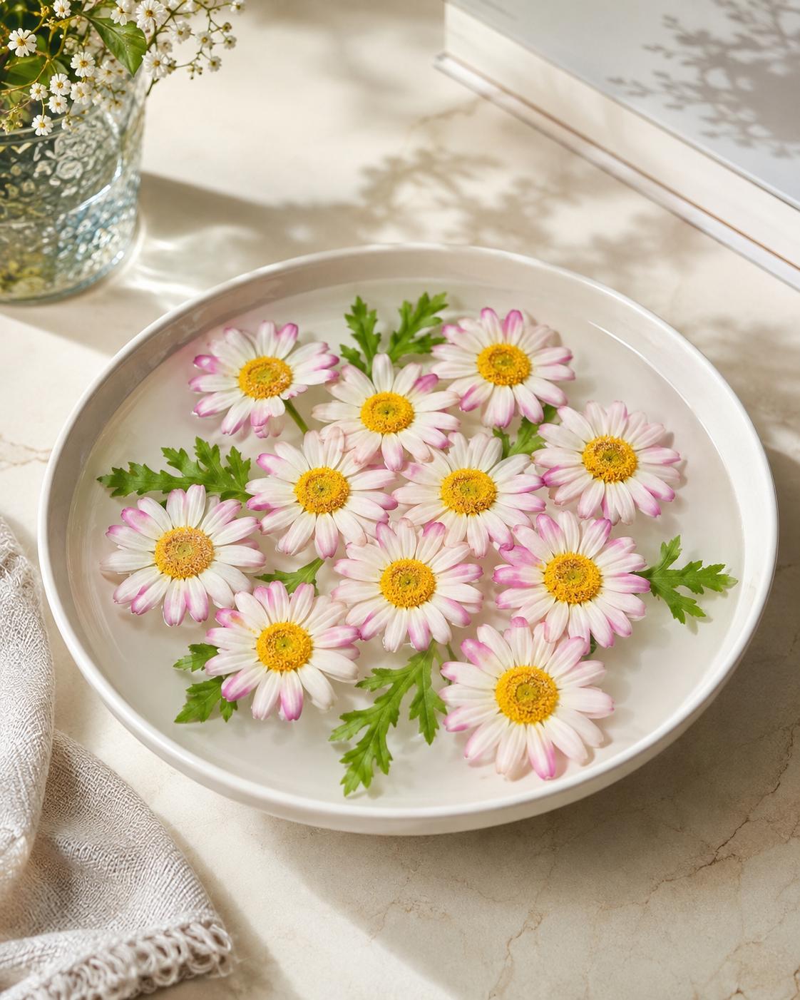 Premsons®Premium Handcrafted Artificial Pink Daisy Floating Flowers Set with Green Leaves for Urli Bowl, Home, Wedding, Diwali & Festive Decoration