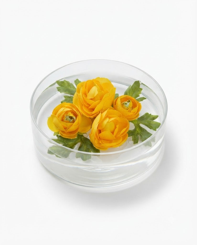 Artificial floating yellow rose flowers in a clear glass bowl with green leaf accents