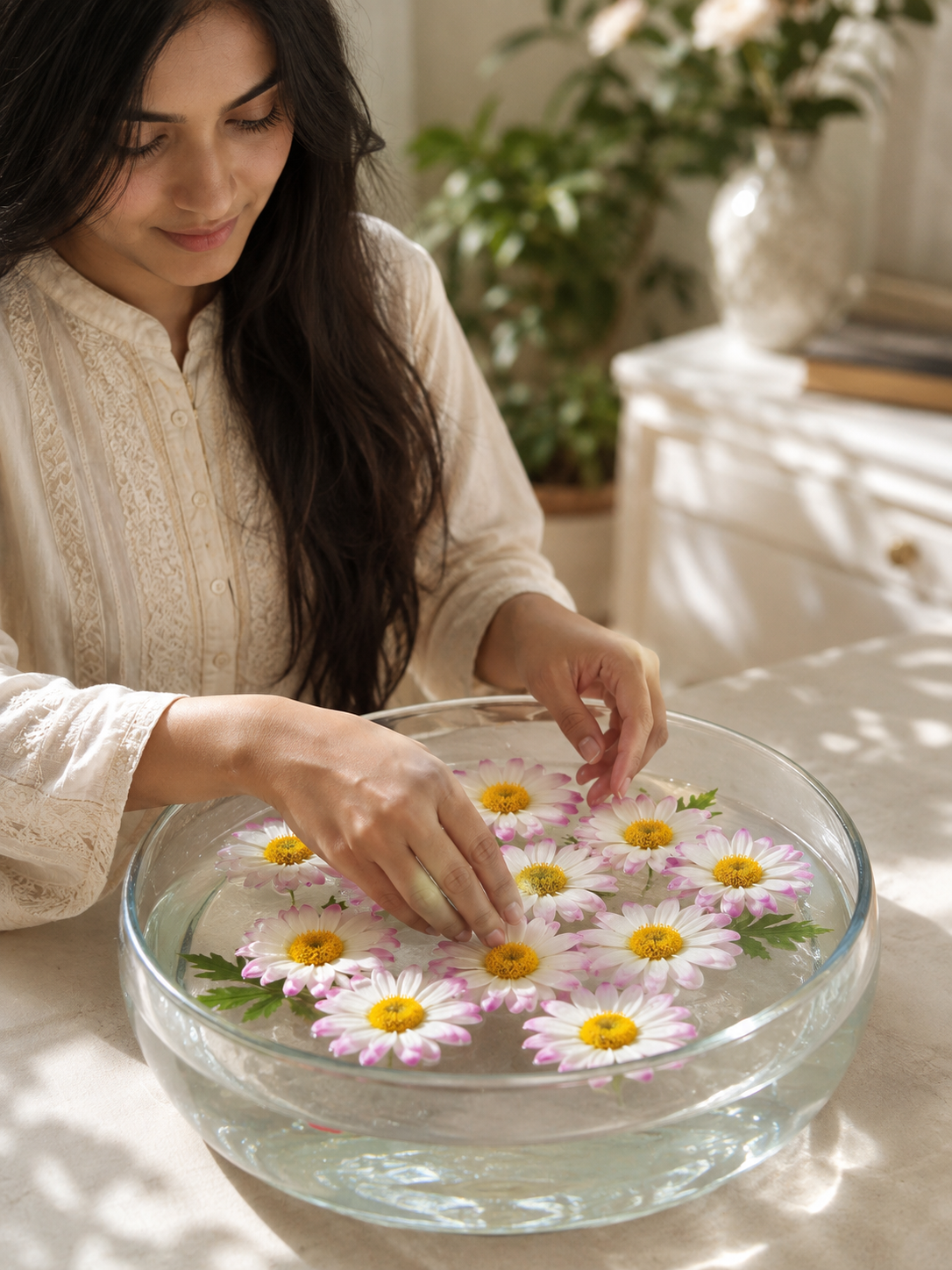Premsons®Premium Handcrafted Artificial Pink Daisy Floating Flowers Set with Green Leaves for Urli Bowl, Home, Wedding, Diwali & Festive Decoration